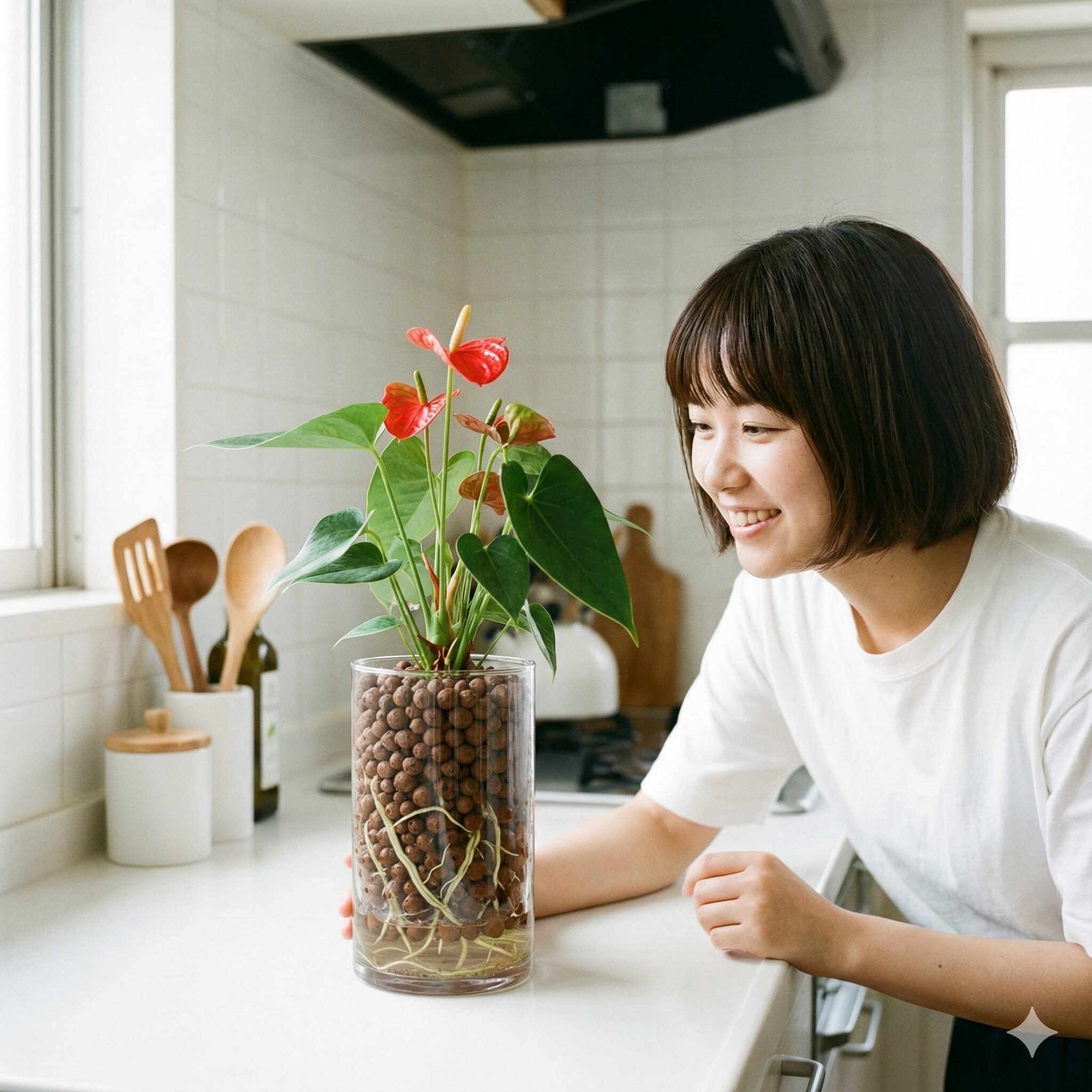 アンスリウム 育て方 室内10　ガラス容器とハイドロボールを使ったアンスリウムのハイドロカルチャー（水耕栽培）。土を使わず清潔に室内で楽しめる栽培方法で、根の様子や水位が一目でわかる。