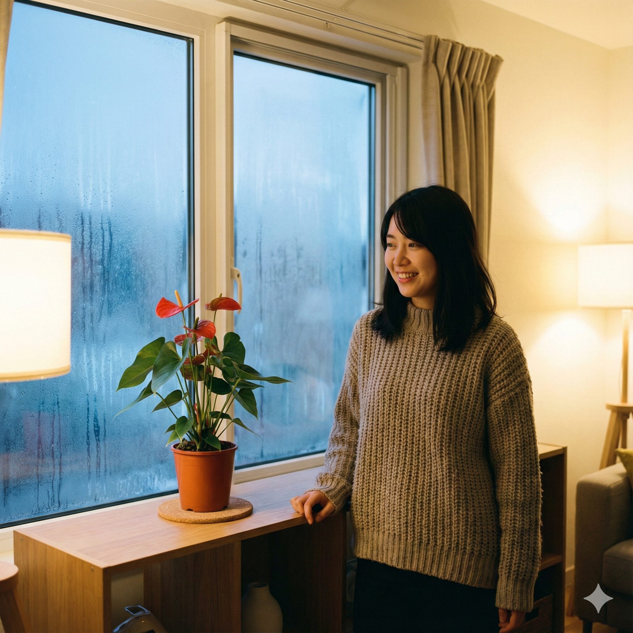 アンスリウム 育て方 室内2　冬の夜間、窓際の冷気（コールドドラフト）を避けるため、部屋の中央の棚上に移動されたアンスリウム。鉢の下には断熱用のコルクマットが敷かれている。