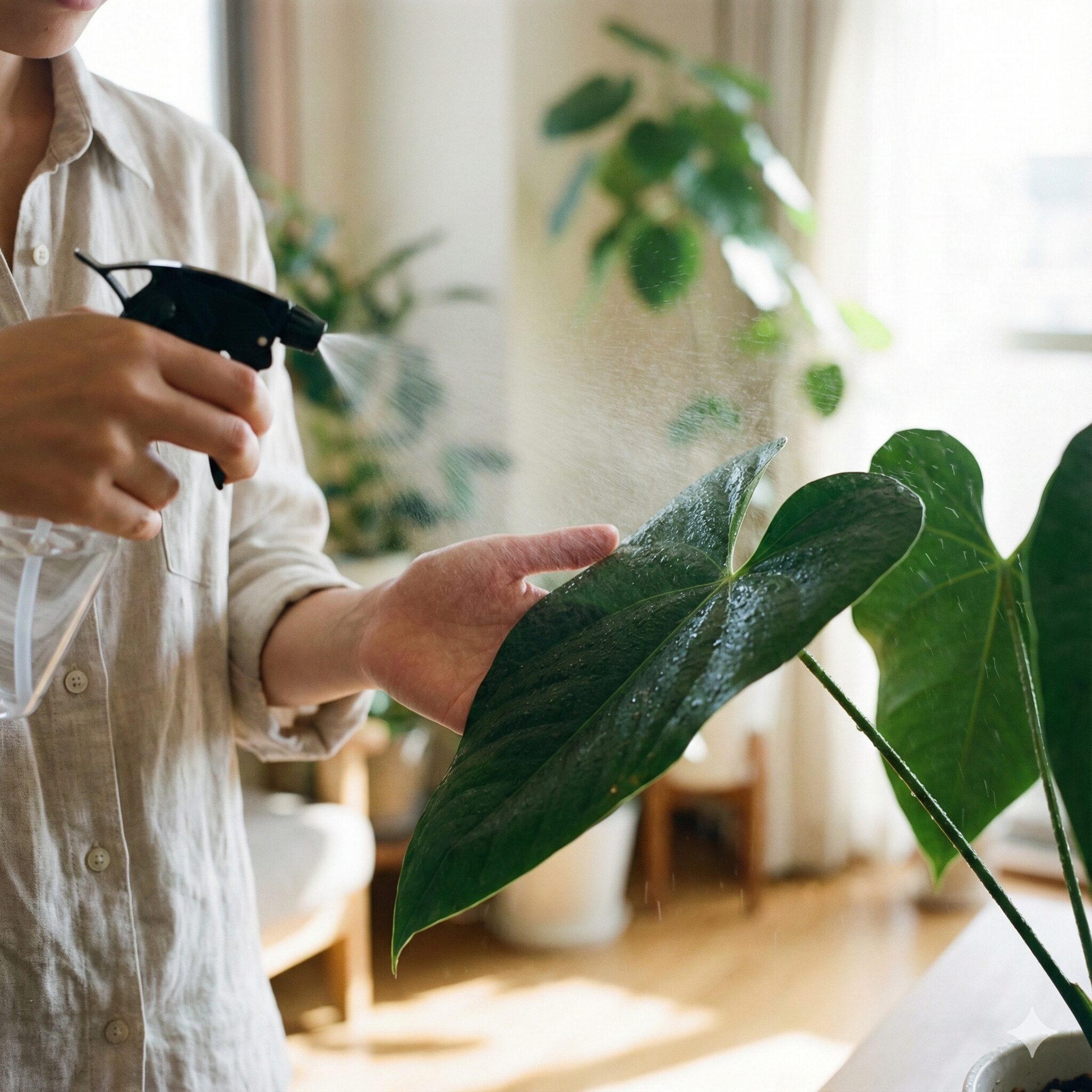 アンスリウム 育て方 室内3　アンスリウムの乾燥対策として、葉の裏側にもしっかりと霧吹きで葉水を与えている様子。気孔からの吸水を促し、ハダニを予防する日々のケア。