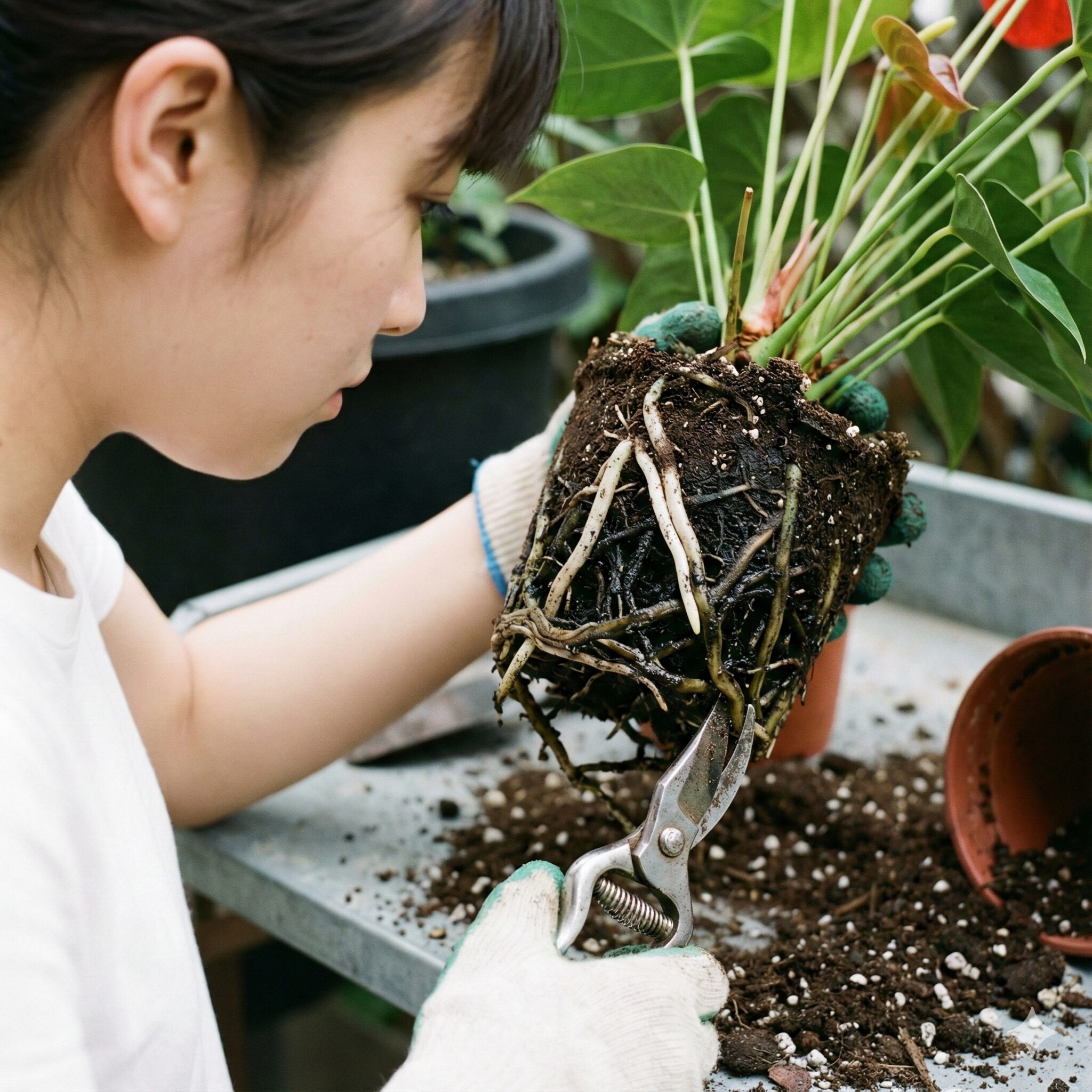 アンスリウム 育て方 室内5　水のやりすぎで根腐れを起こしたアンスリウムの根。黒く変色して腐敗した根と、健康な白い根の違い。腐った部分をハサミで除去する処置の様子。