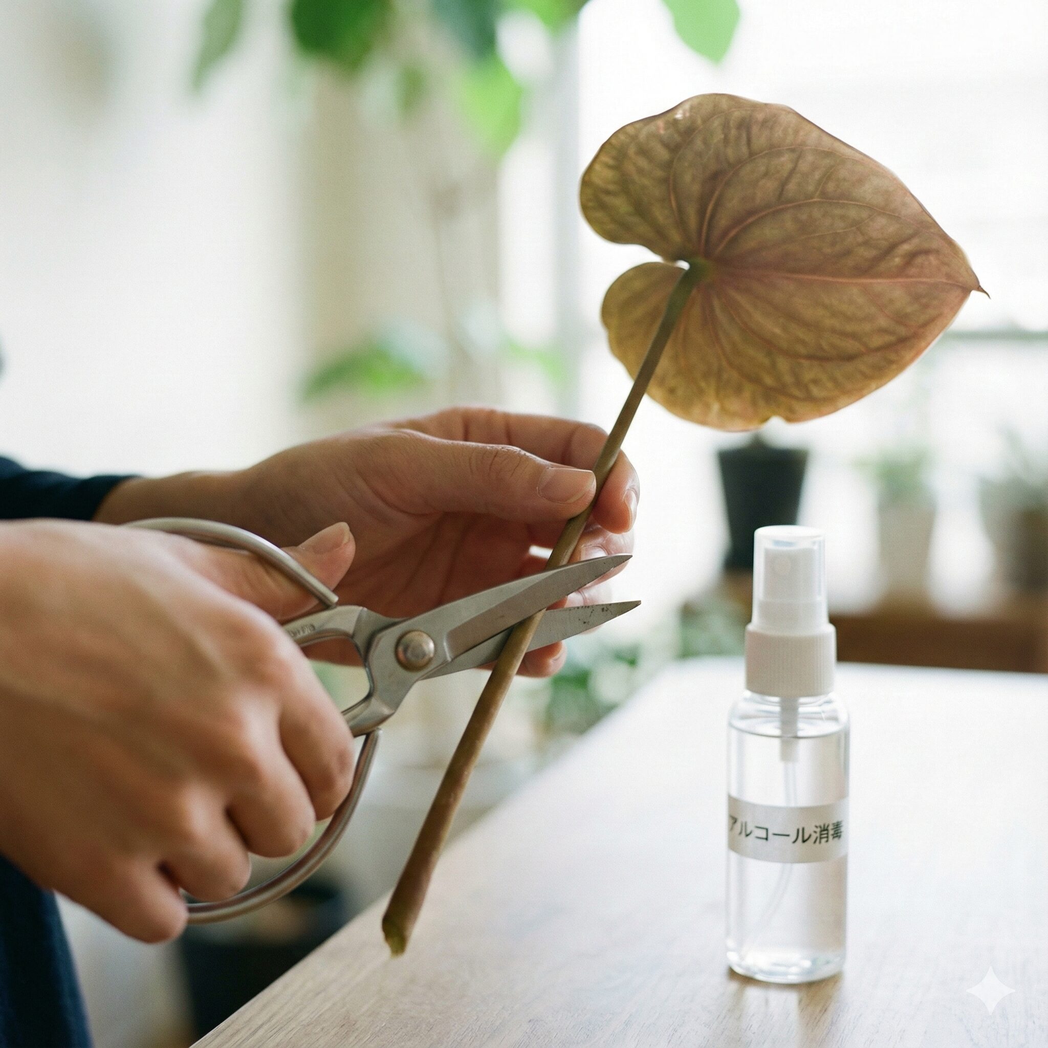 アンスリウム 育て方 室内8　アンスリウムの花後の手入れ。古くなって色あせた花がらを、清潔なハサミを使って茎の根元から剪定している様子。株の消耗を防ぐための作業。