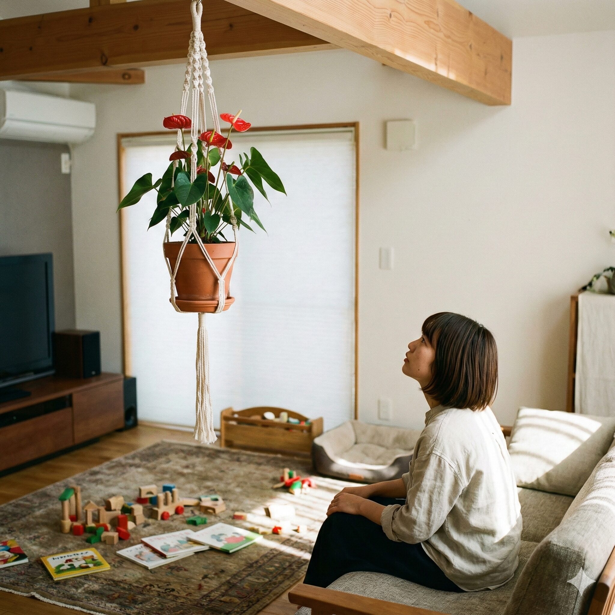アンスリウム 育て方 室内9　小さなお子様やペットの誤食事故を防ぐため、アンスリウムをハンギングバスケットに入れて高い位置に飾った安全な室内レイアウトの例。