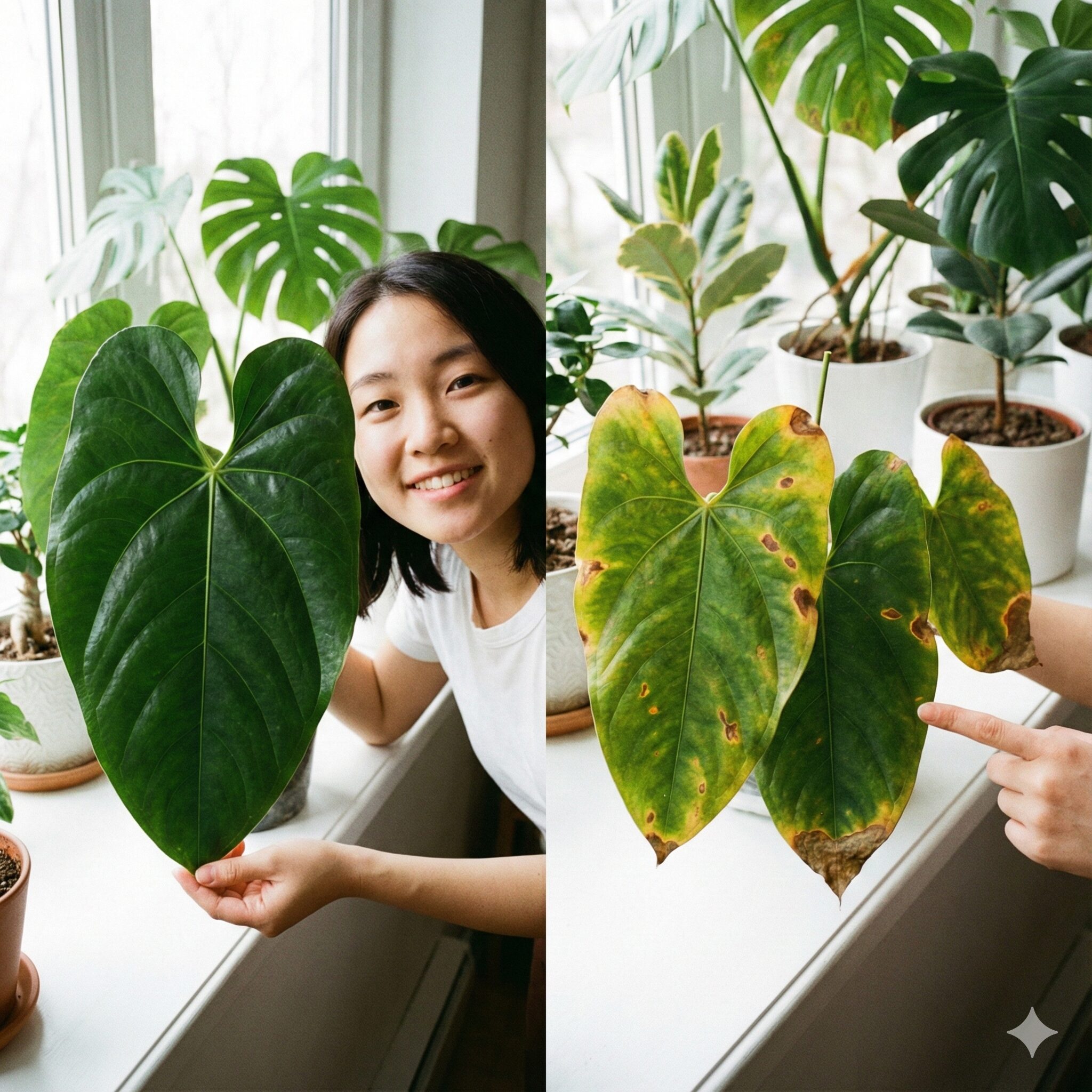 アンスリウム 育て方 枯れる1　アンスリウムの健康な葉と、枯れる原因となる黄変や葉焼けを起こした葉の比較写真