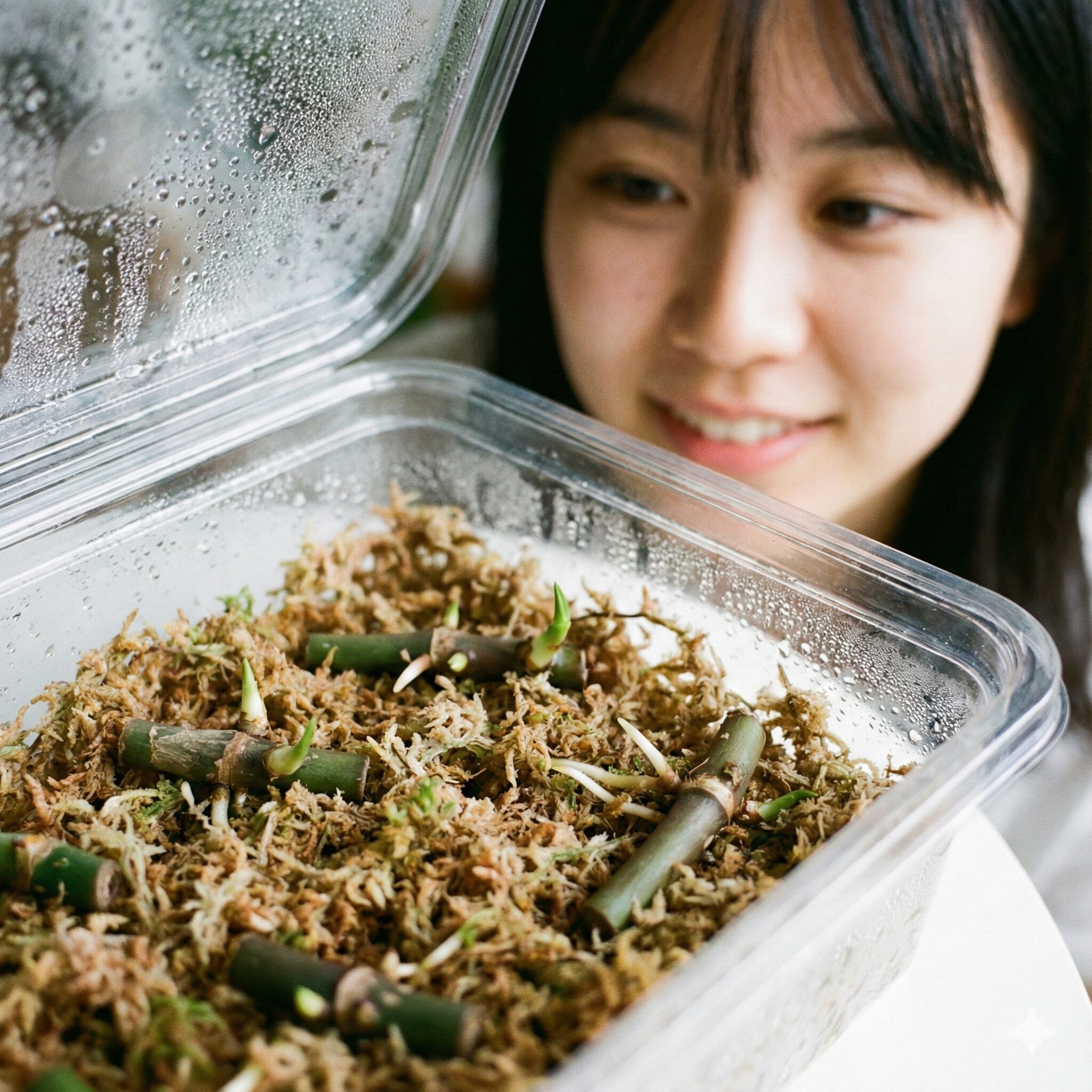 アンスリウム 育て方 枯れる10　弱ったアンスリウムを再生させるため、茎伏せで節から発根・発芽させている様子