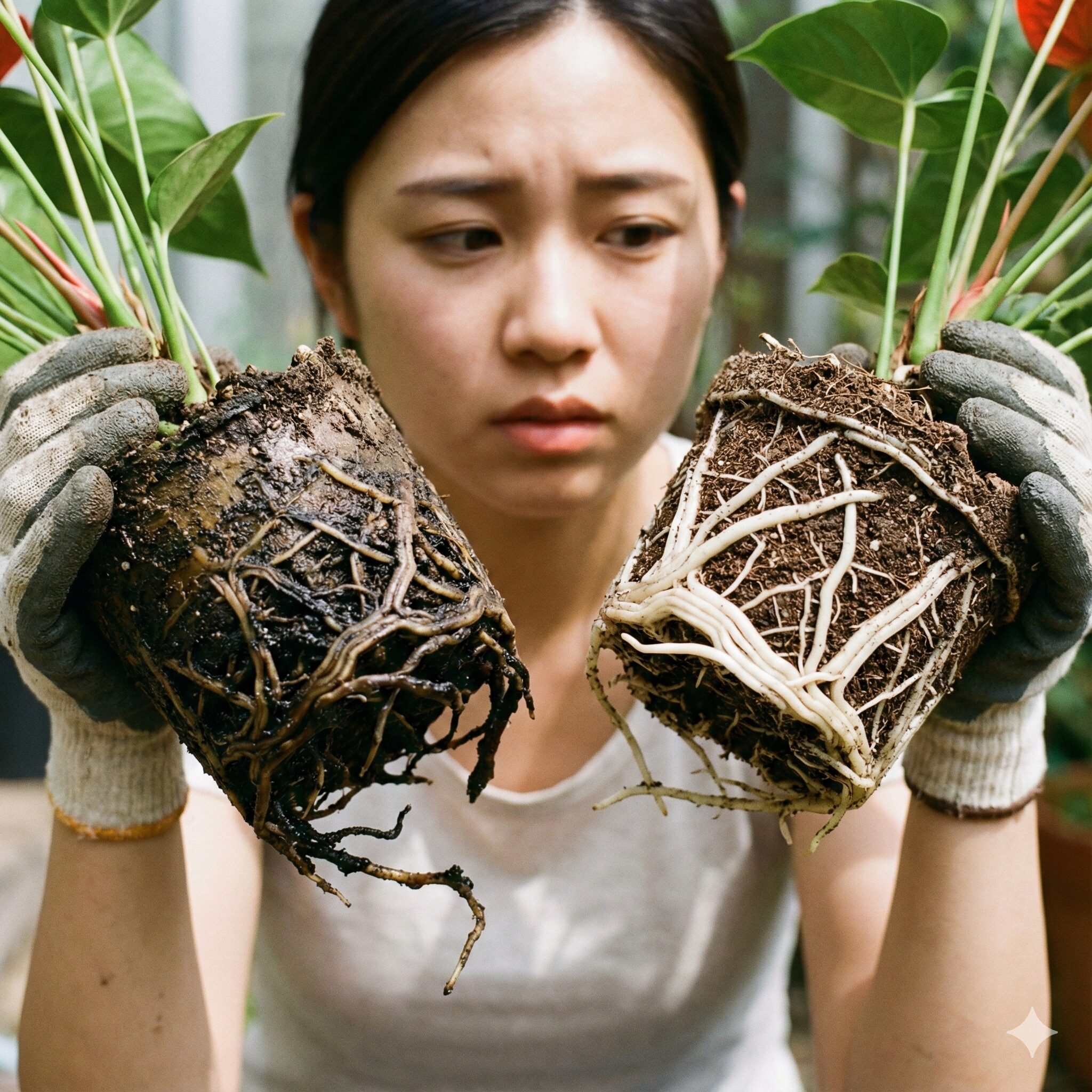 アンスリウム 育て方 枯れる2　アンスリウムの鉢から根鉢を取り出し、健康な根と根腐れを起こした根を比較している写真。健康な根は白くて太く、弾力がある様子。一方、根腐れした根は黒ずんでブヨブヨしており、土が湿って悪臭を放っているような質感まで表現されている。