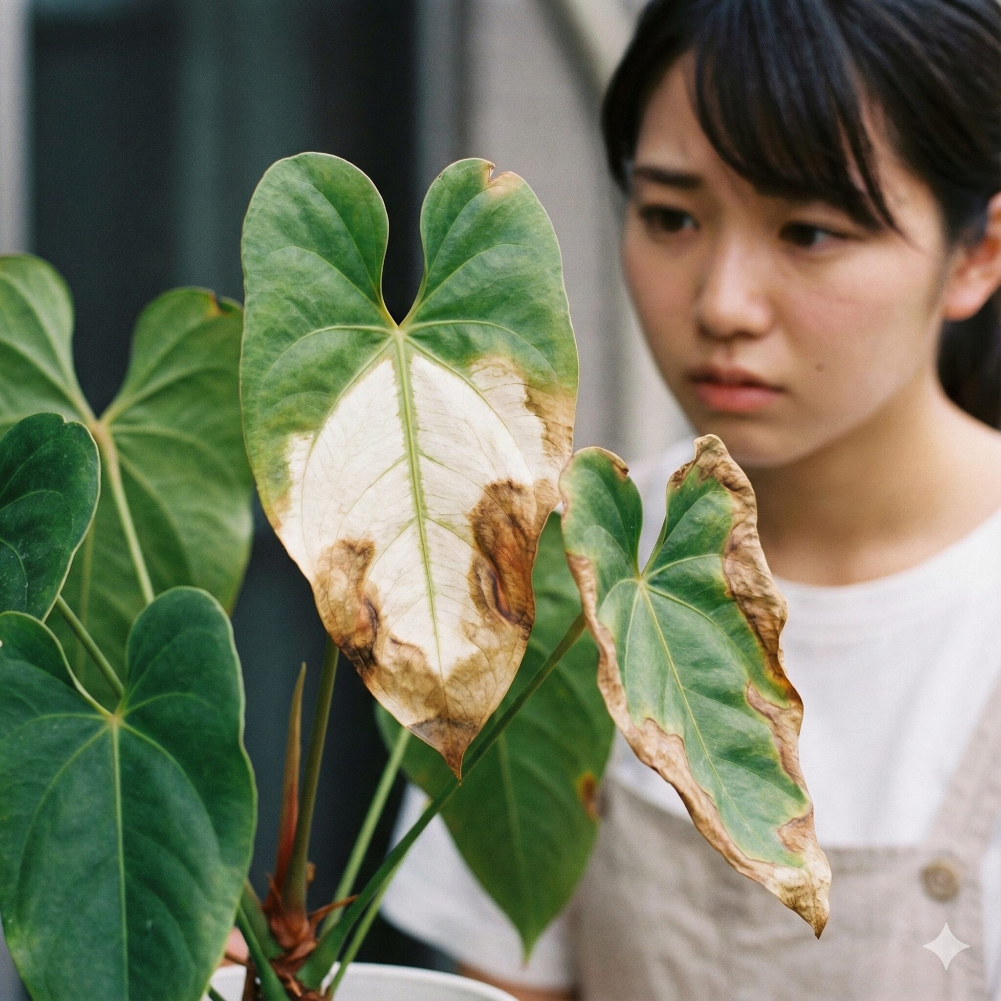 アンスリウム 育て方 枯れる3　直射日光による葉焼けと乾燥で葉先が茶色く枯れたアンスリウムの葉