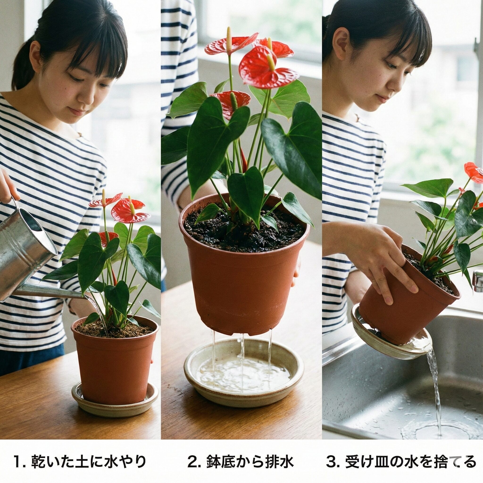 アンスリウム 育て方 枯れる4　アンスリウムの適切な水やり方法：土が乾いてから鉢底から出るまで与え、受け皿の水は捨てる