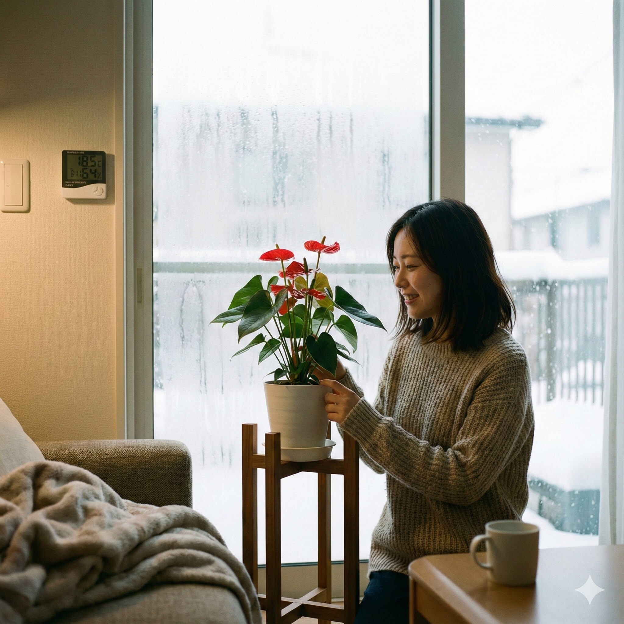 アンスリウム 育て方 枯れる5　冬の寒さからアンスリウムを守るため、窓際から離して室内の暖かい場所に置いた様子