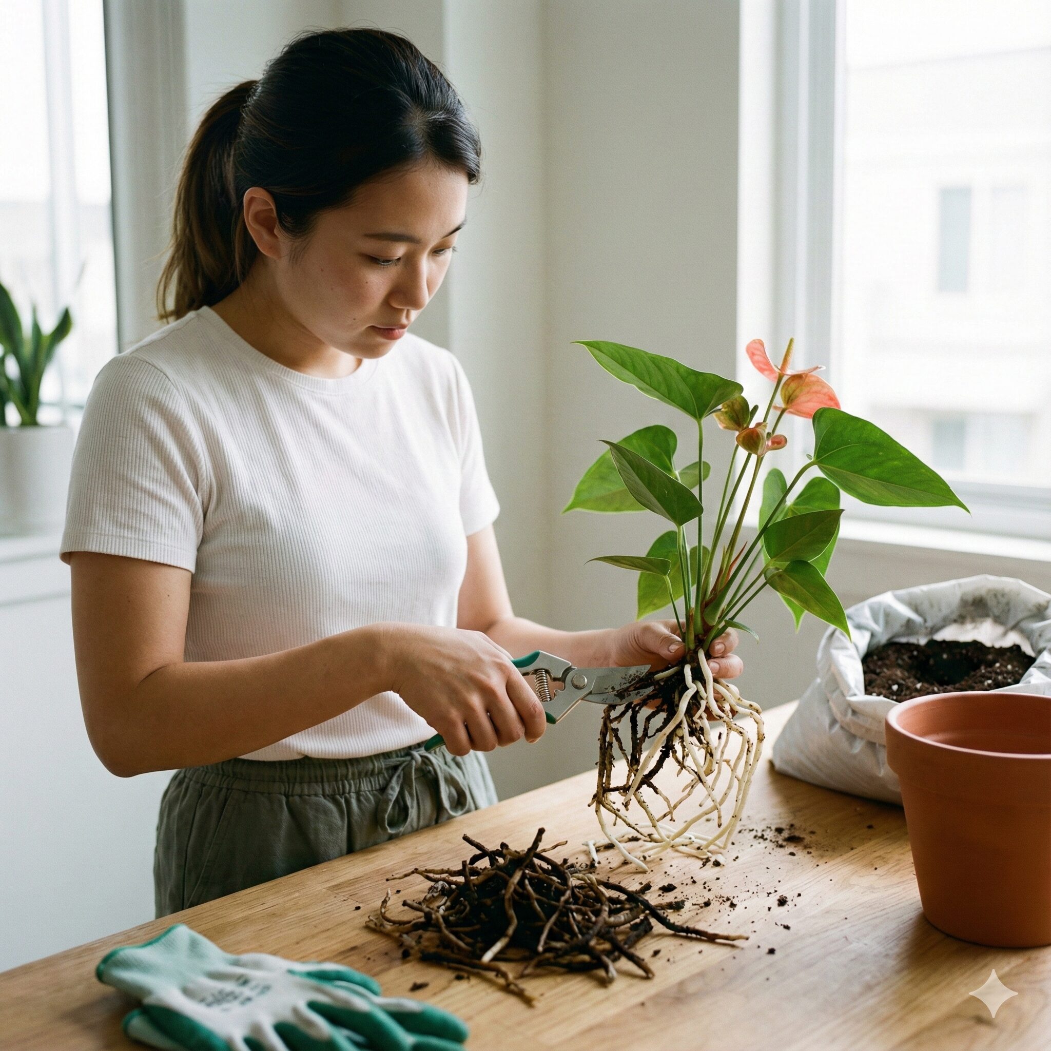 アンスリウム 育て方 枯れる6　根腐れしたアンスリウムの腐った根をハサミで切除し、植え替えの準備をしている様子