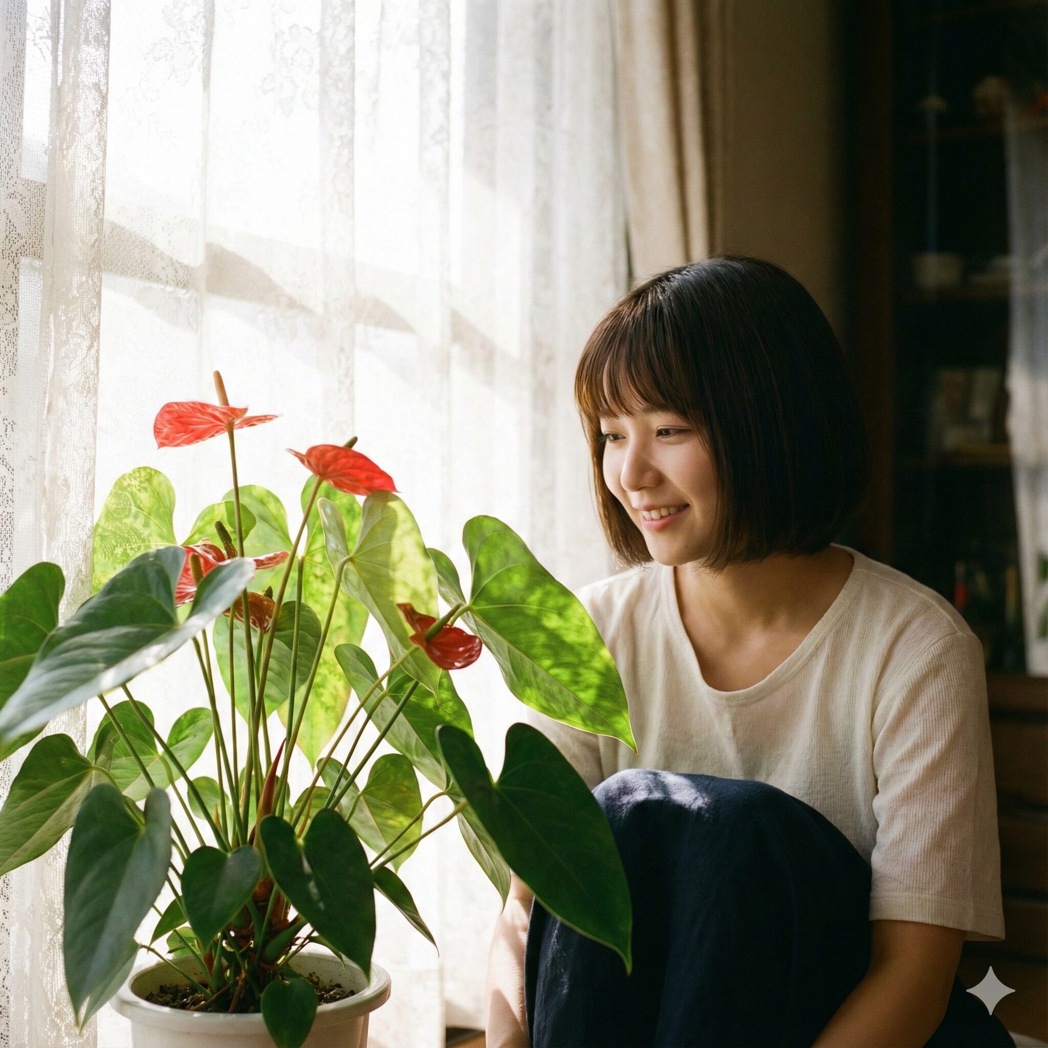 アンスリウム 育て方 枯れる8　室内の窓辺でレースカーテン越しの柔らかな光を浴びて元気に育つアンスリウム