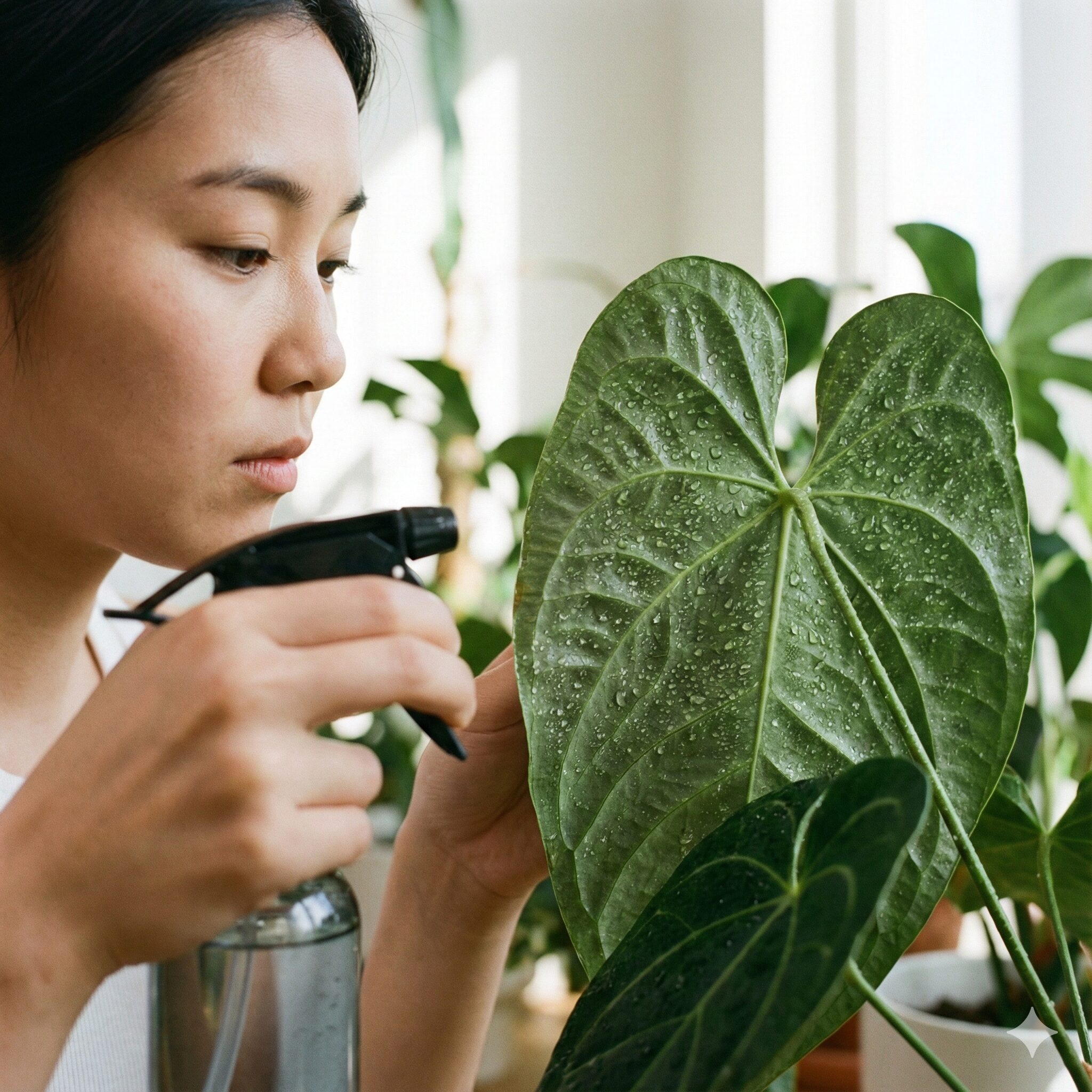 アンスリウム 育て方 枯れる9　ハダニ予防のために霧吹きでアンスリウムの葉の裏側まで葉水を与えている様子