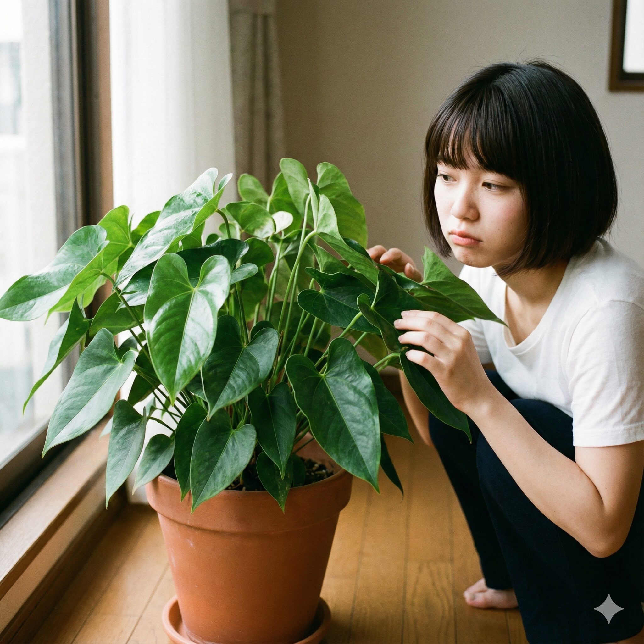 アンスリウム 育て方 花が咲かない2　葉は元気だが花が咲かない状態のアンスリウム