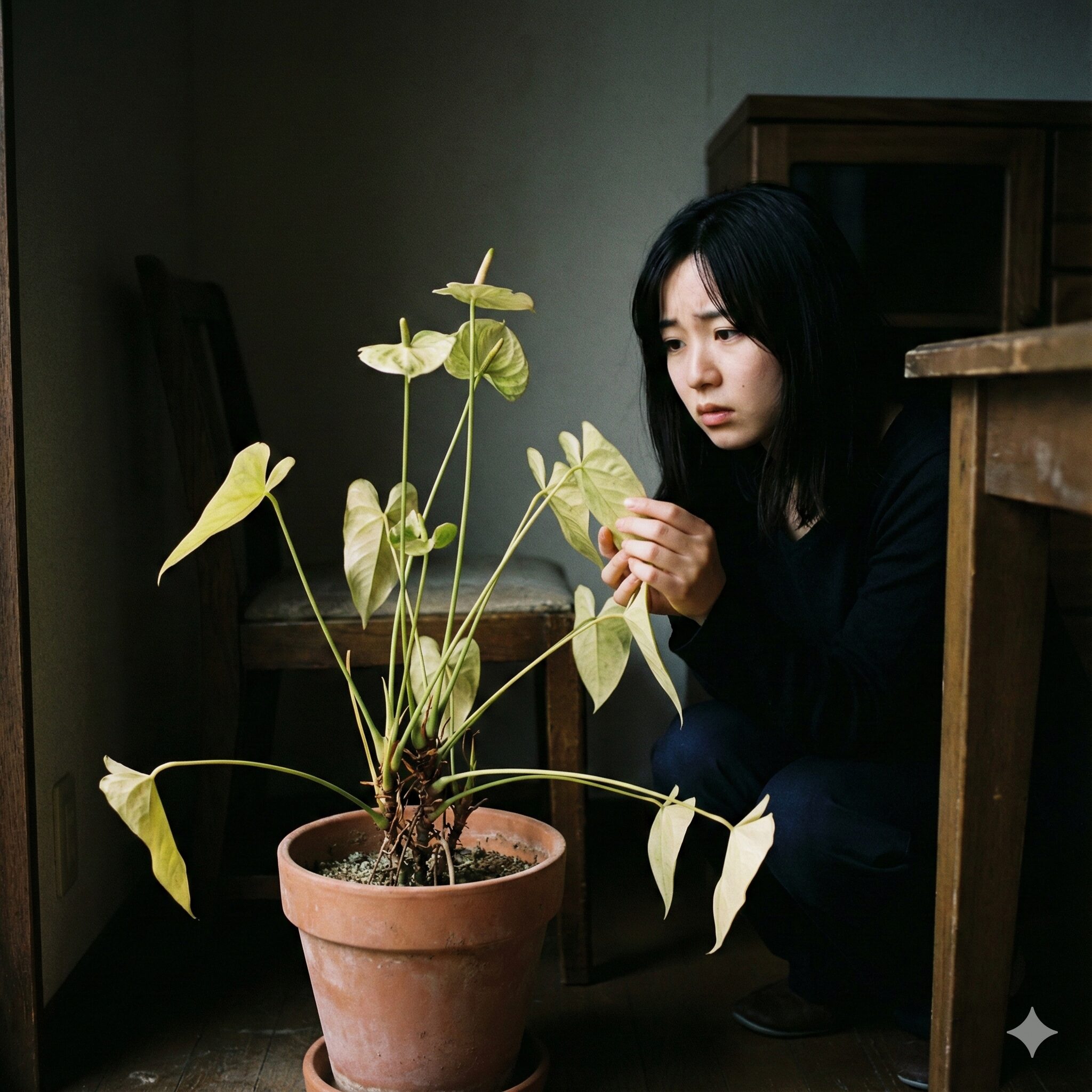 アンスリウム 育て方 花が咲かない3　室内で光不足になり、花が咲かないアンスリウム