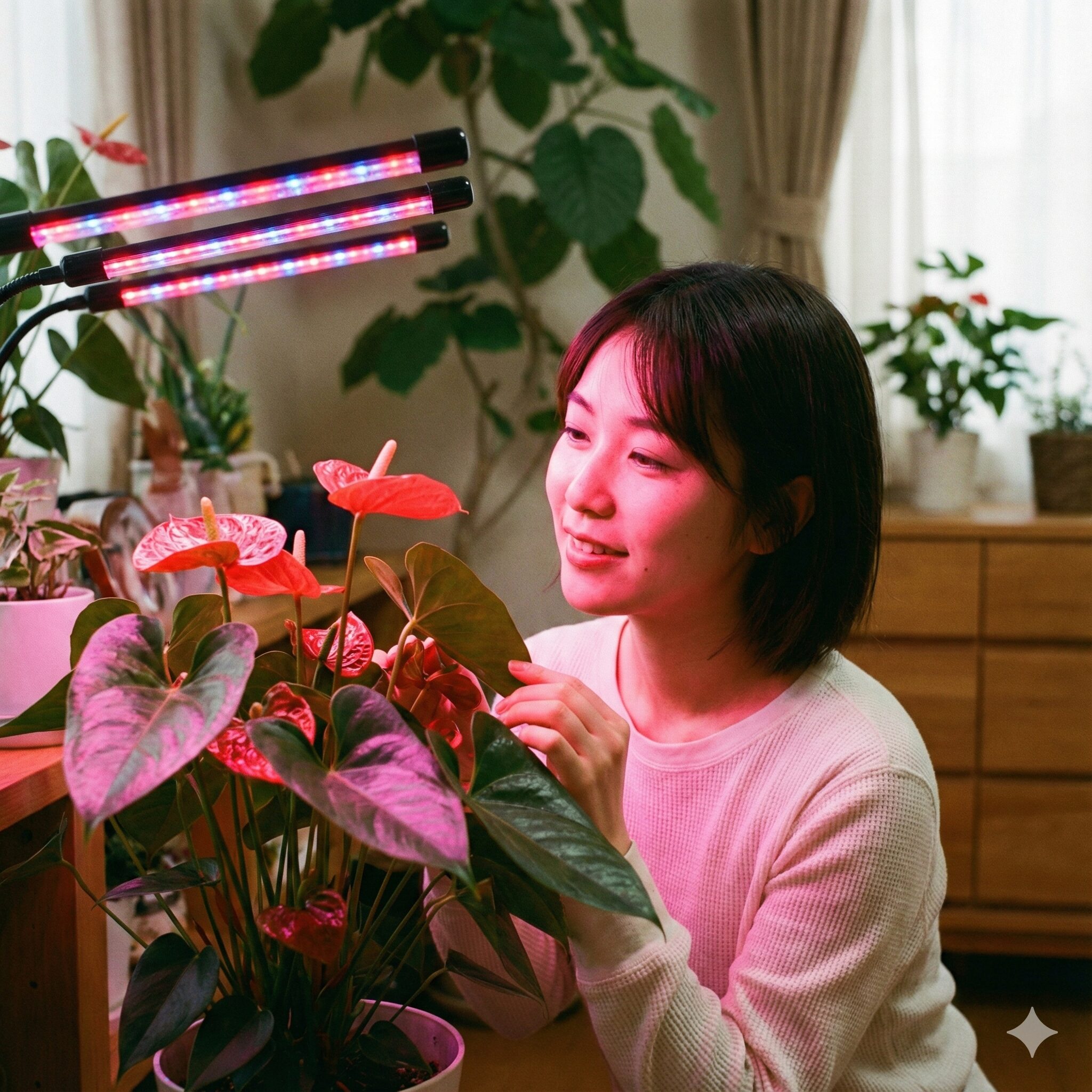 アンスリウム 育て方 花が咲かない4　植物育成LEDライトで光を補っているアンスリウム