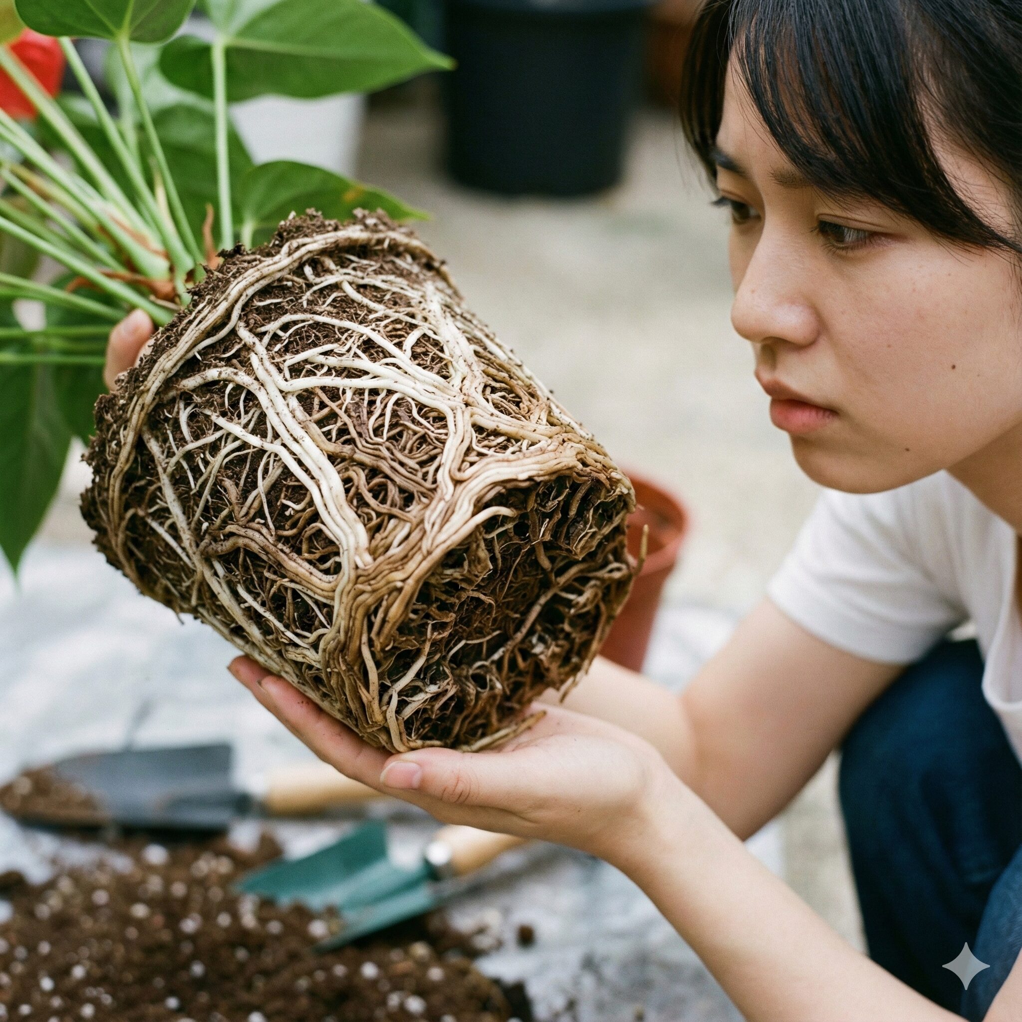 アンスリウム 育て方 花が咲かない6　鉢の中で根が詰まってしまったアンスリウムの根鉢