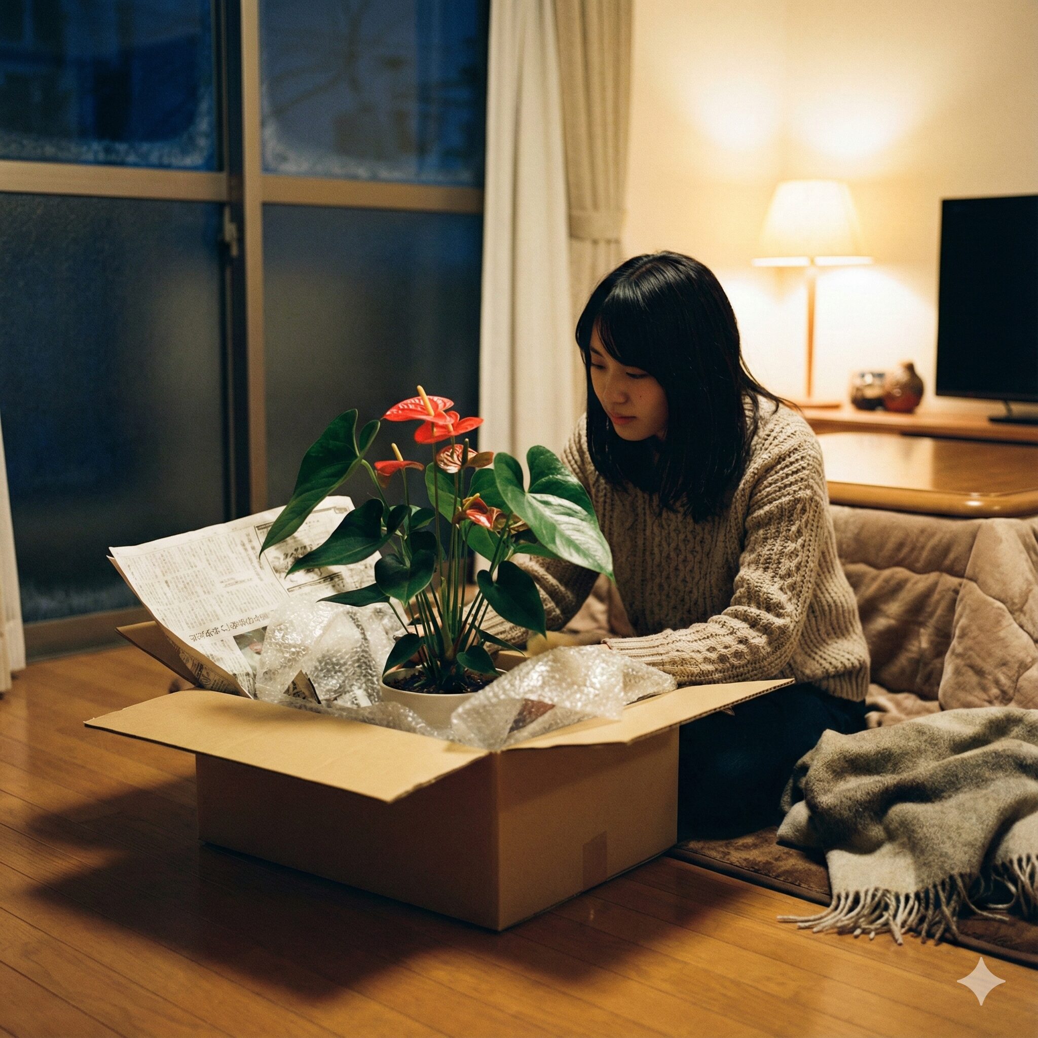 アンスリウム 育て方 花が咲かない9　冬の寒さから守るために保温対策をしたアンスリウム