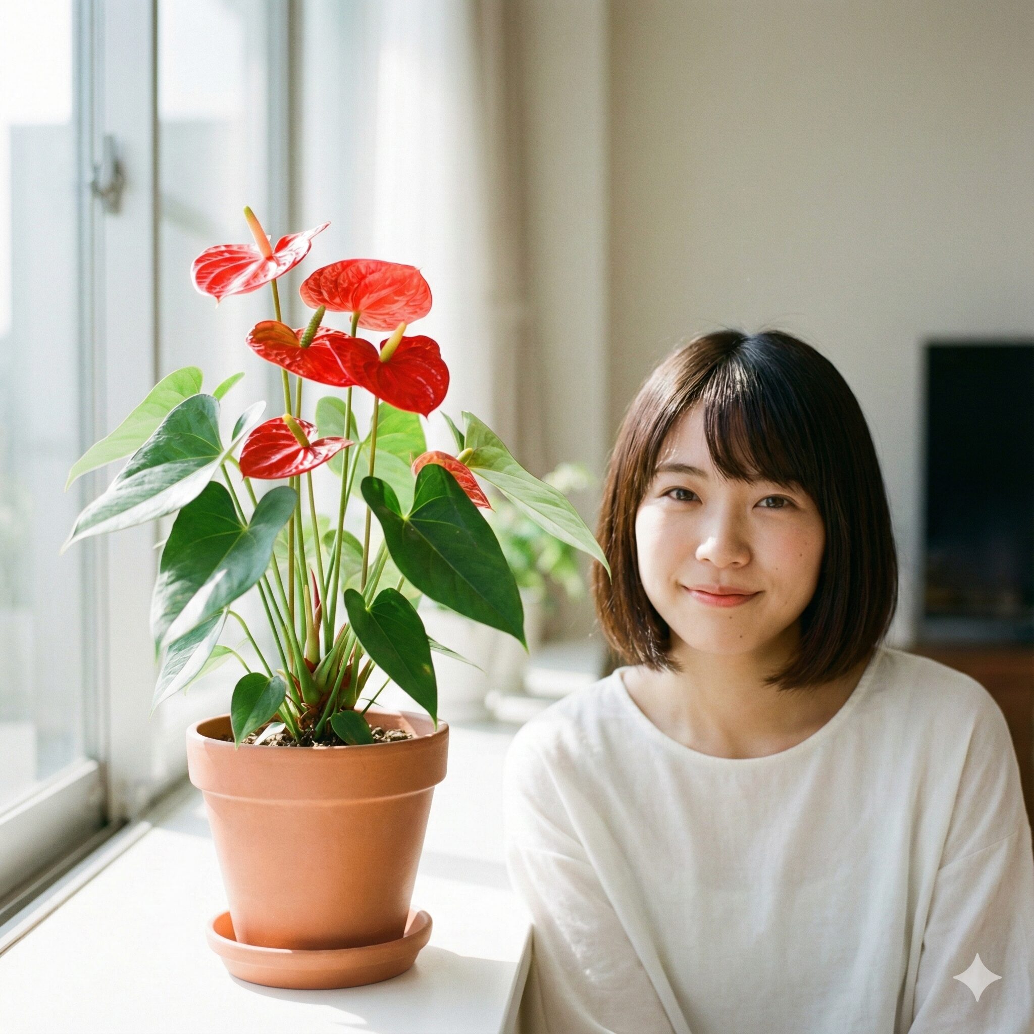 アンスリウム 花が終わったら1　明るい窓辺で元気に育つ、鮮やかな赤い花のアンスリウムの鉢植え