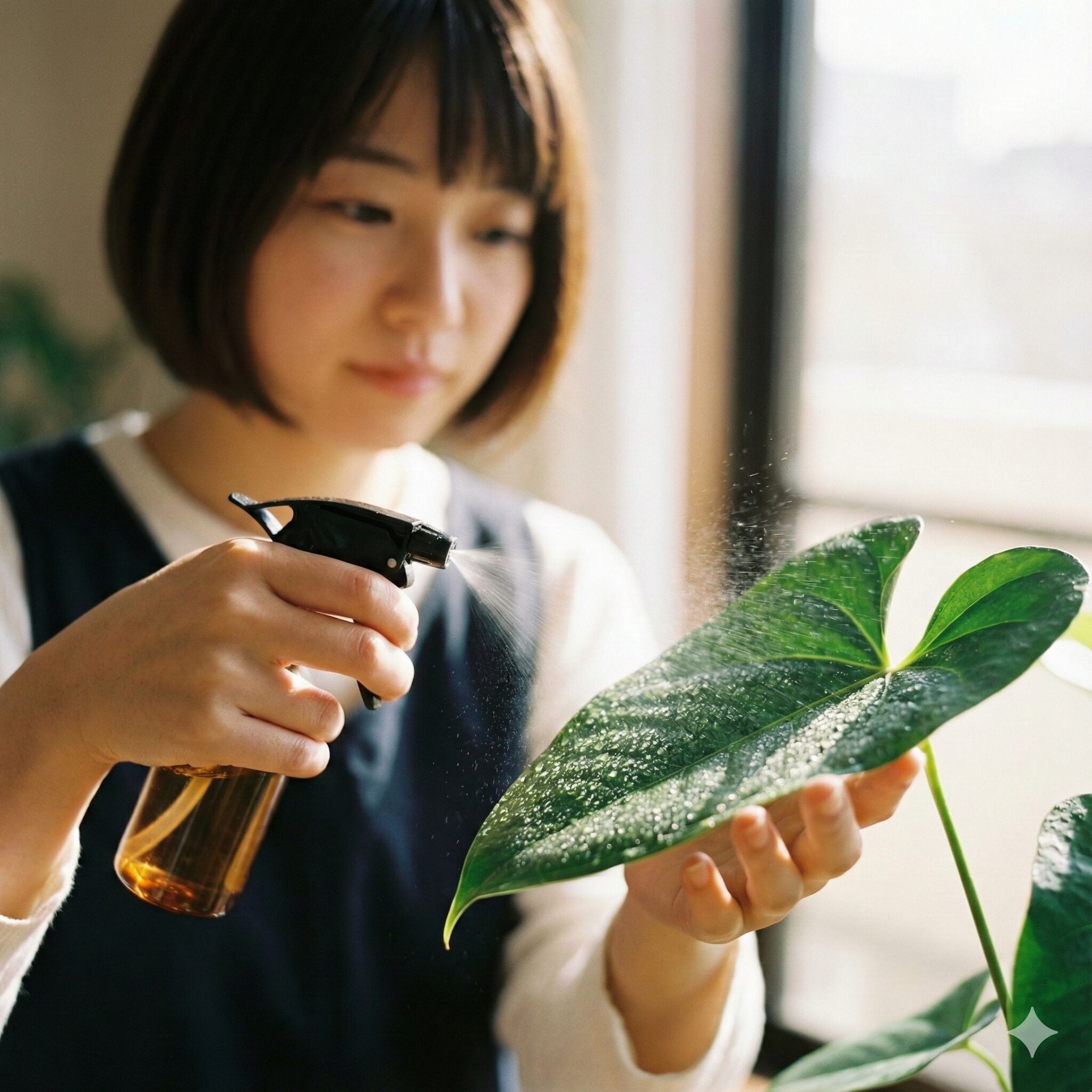 アンスリウム 花が終わったら10　冬の乾燥対策として霧吹きでアンスリウムに葉水を与えている様子