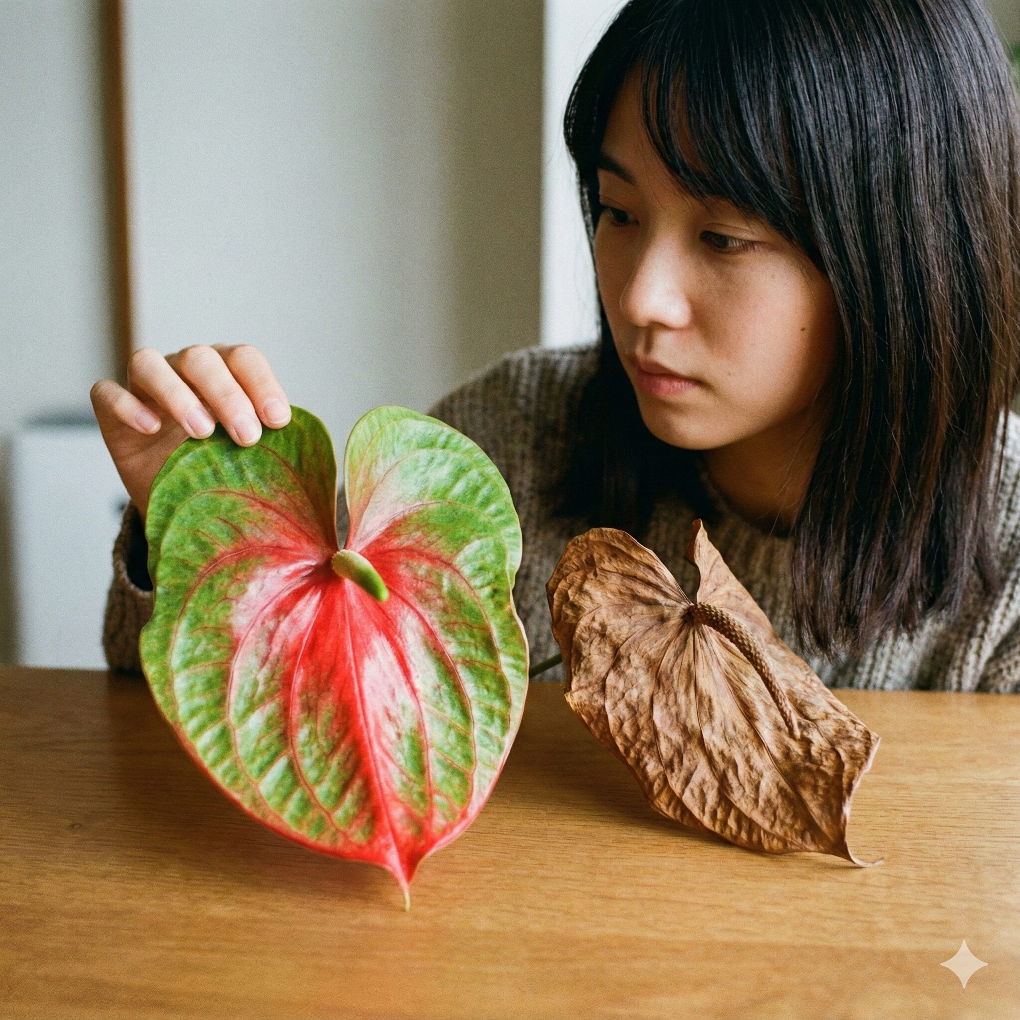 アンスリウム 花が終わったら2　アンスリウムの花が終わるサインの比較：緑色への変化（再緑化）と茶色く枯れた状態