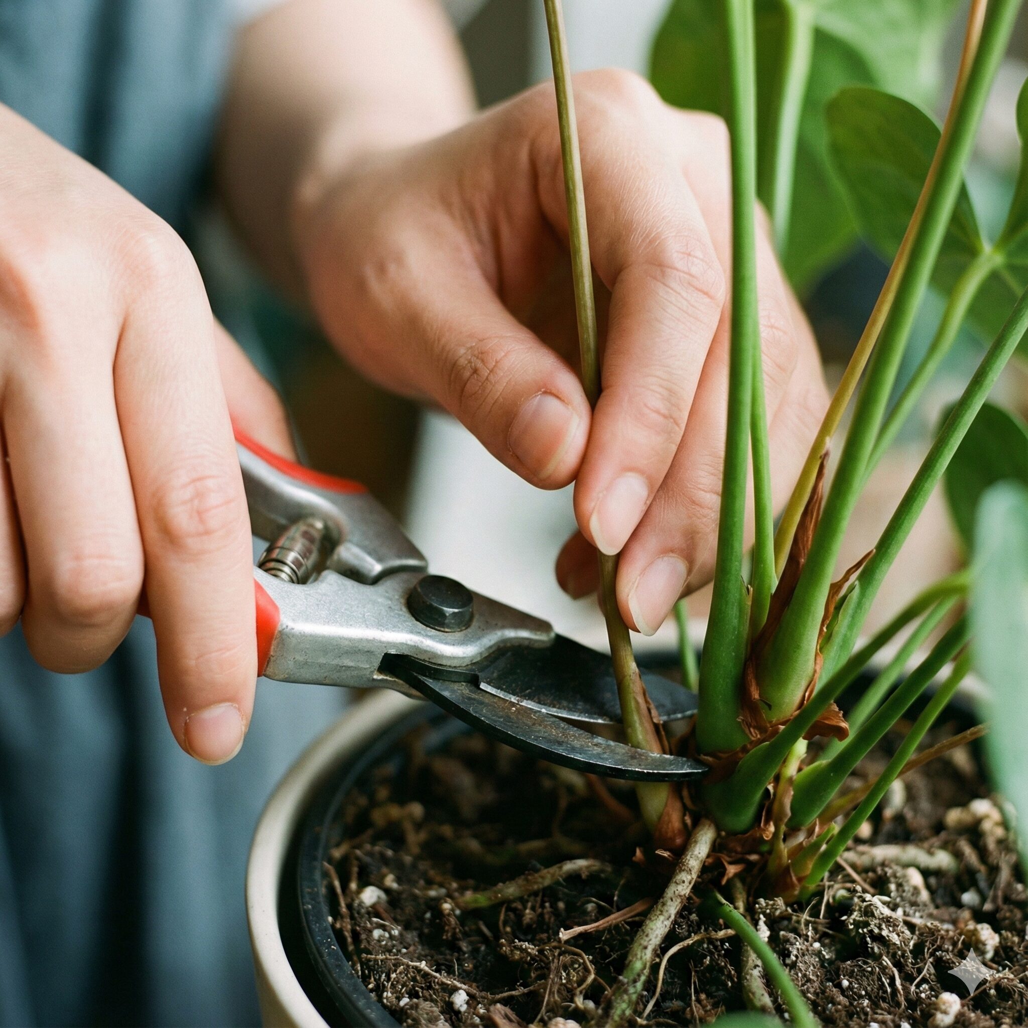 アンスリウム 花が終わったら3　アンスリウムの花が終わった後、花茎を株の根元から剪定する様子