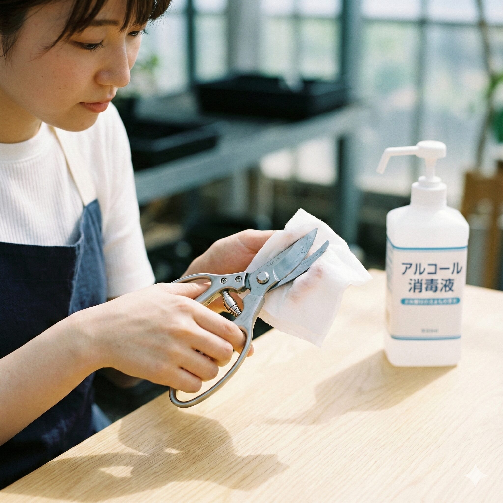 アンスリウム 花が終わったら4　病気予防のためにアンスリウムの剪定バサミをアルコール消毒する手順