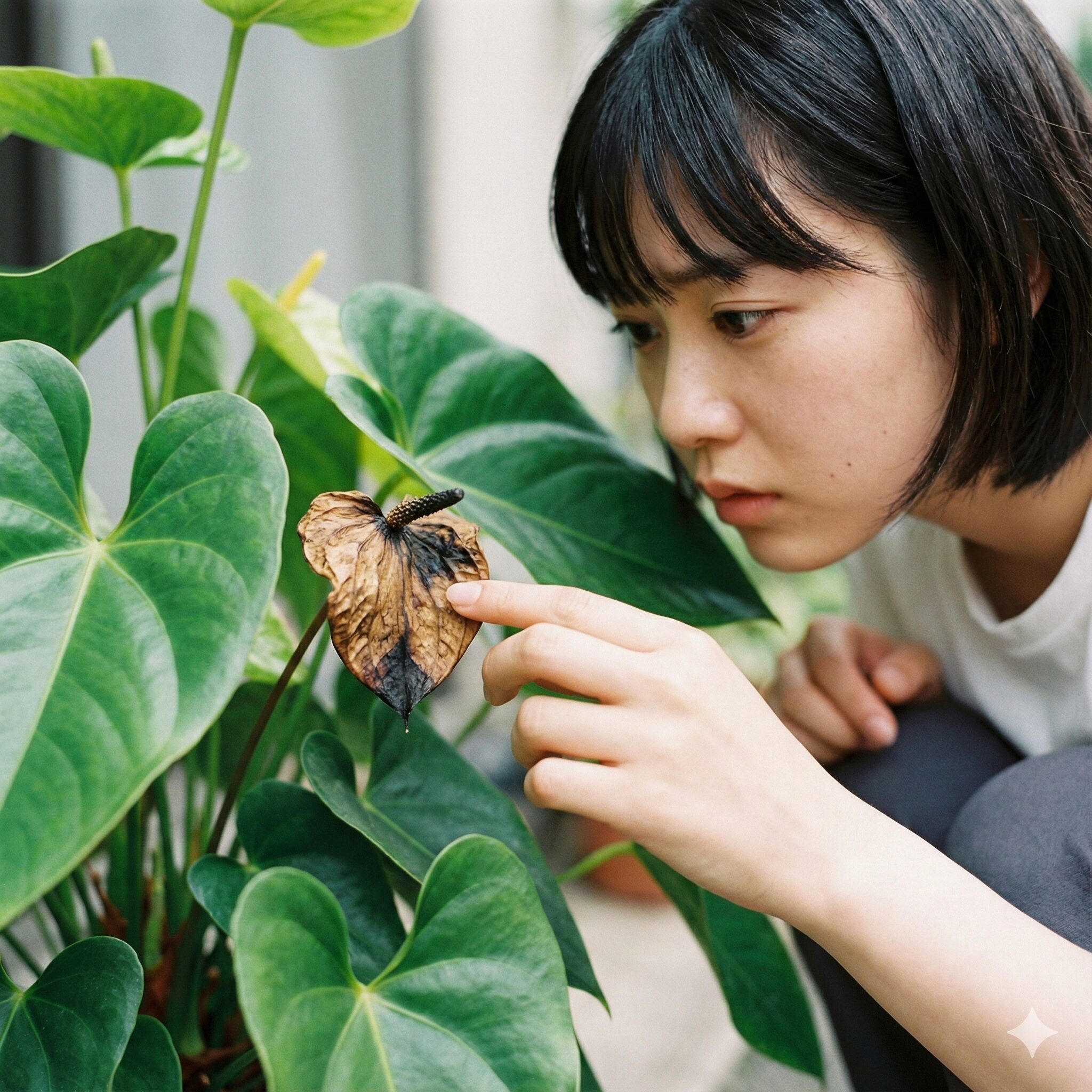 アンスリウム 花が終わったら5　ストレスが原因で咲かずに黒く枯れてしまったアンスリウムの蕾（アボーション）