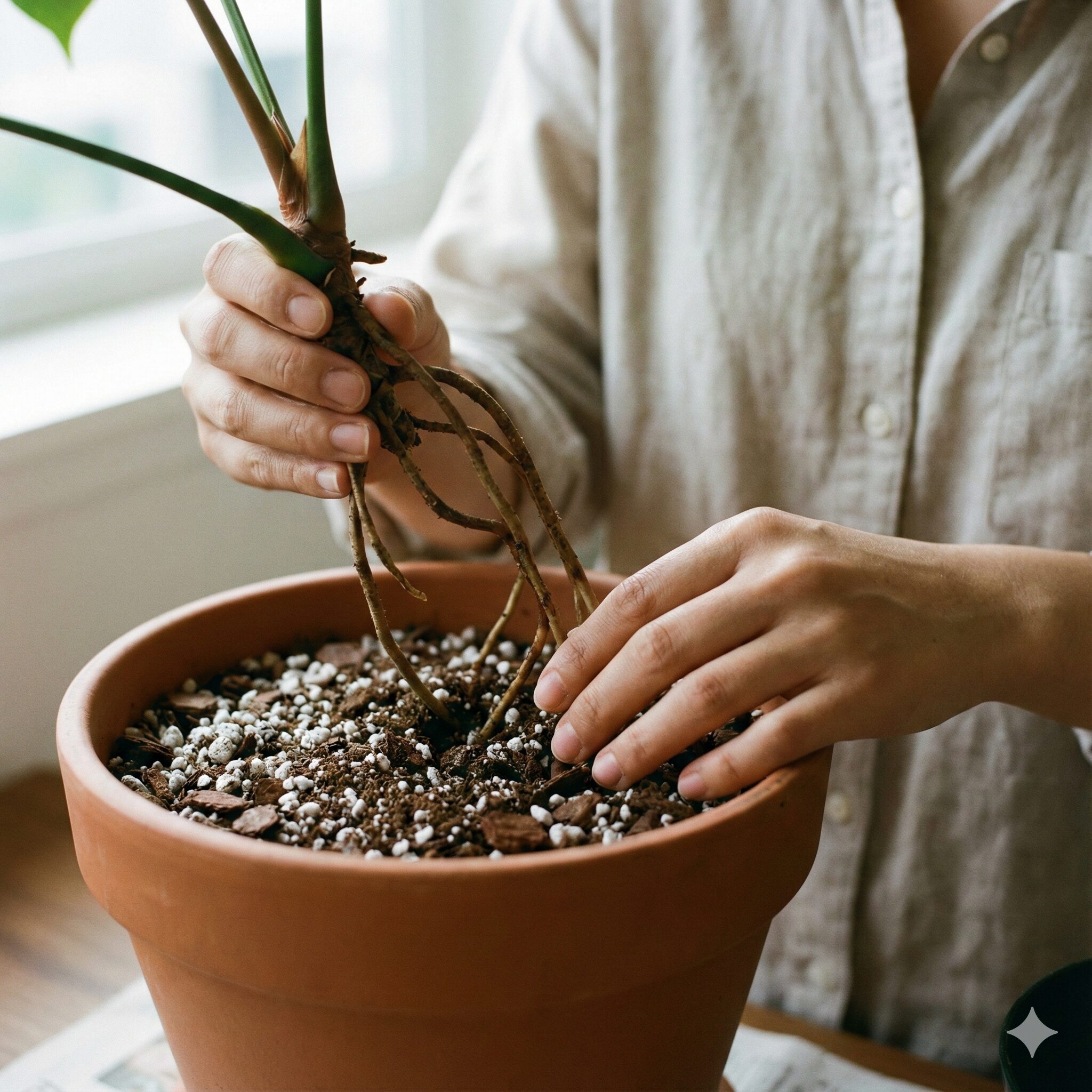 アンスリウム 花が終わったら8　アンスリウムの植え替え時に気根を土に埋めて株を安定させる作業