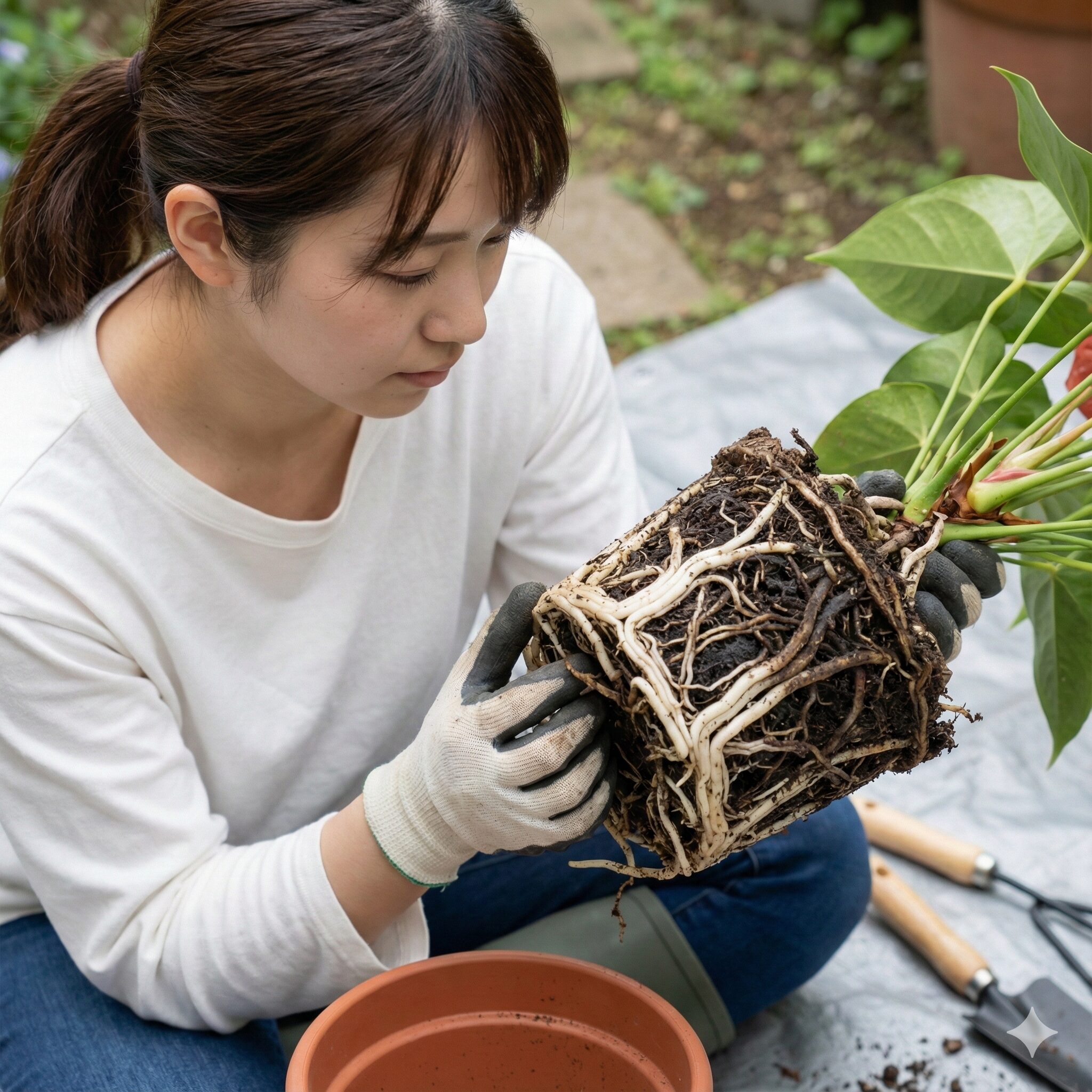 アンスリウム 花が終わったら9　アンスリウムの根腐れした黒い根と健康な白い根の状態比較
