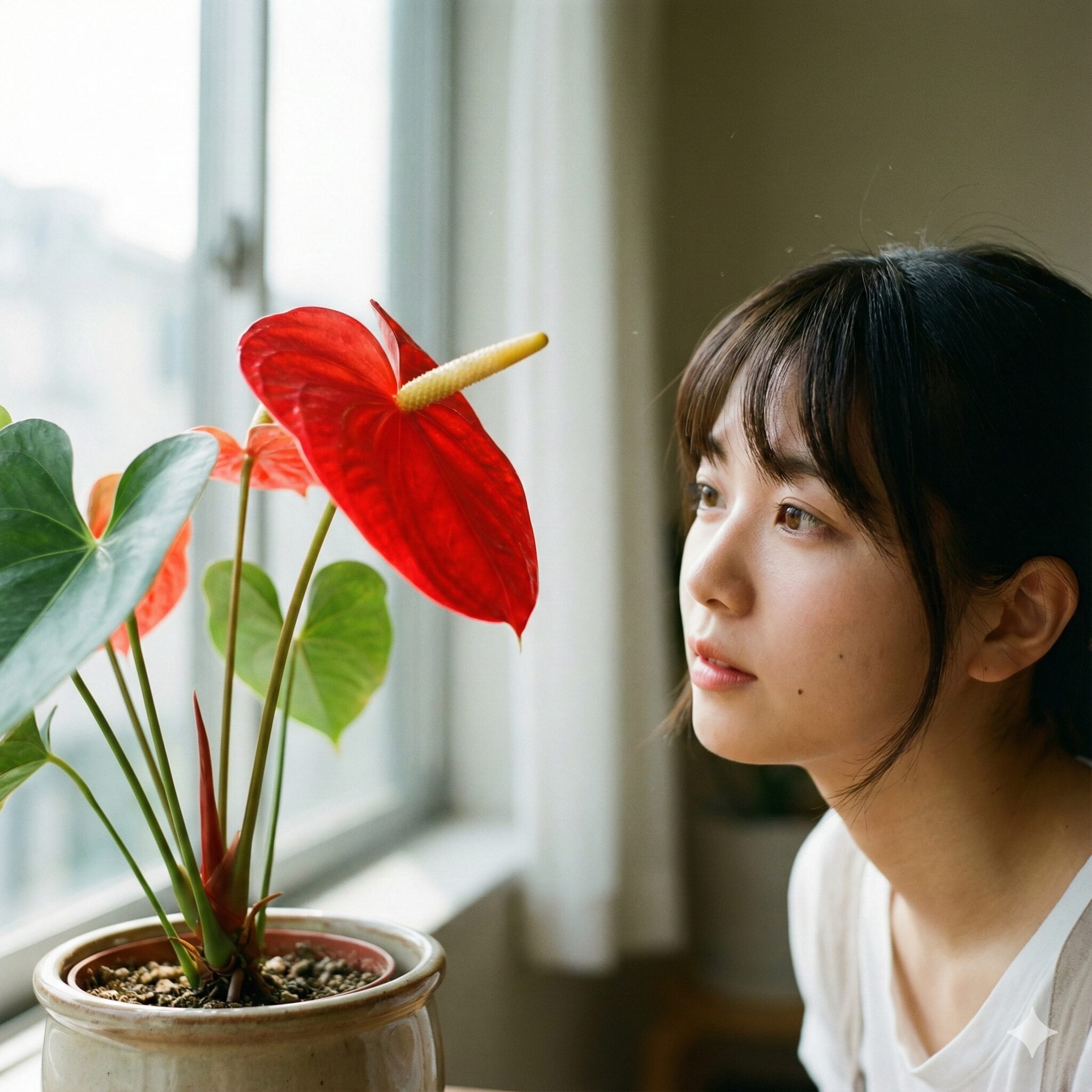 アンスリウム 花言葉 怖い1　窓辺に置かれた赤いアンスリウムの鉢植え。光沢のある仏炎苞と独特な肉穂花序のクローズアップ。