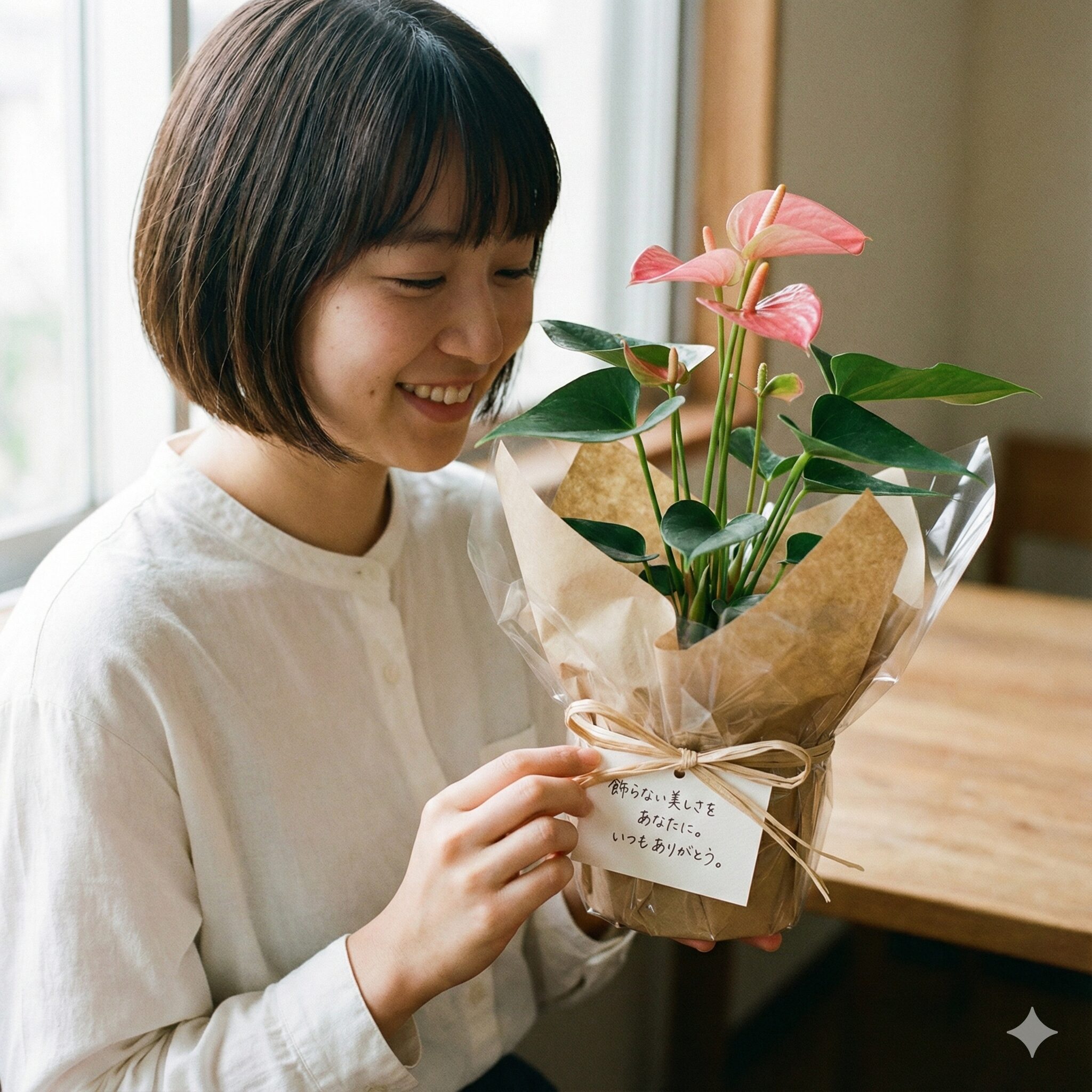 アンスリウム 花言葉 怖い10　ギフト用にラッピングされたピンクのアンスリウムと、ポジティブな花言葉が添えられた手書きのメッセージカード。