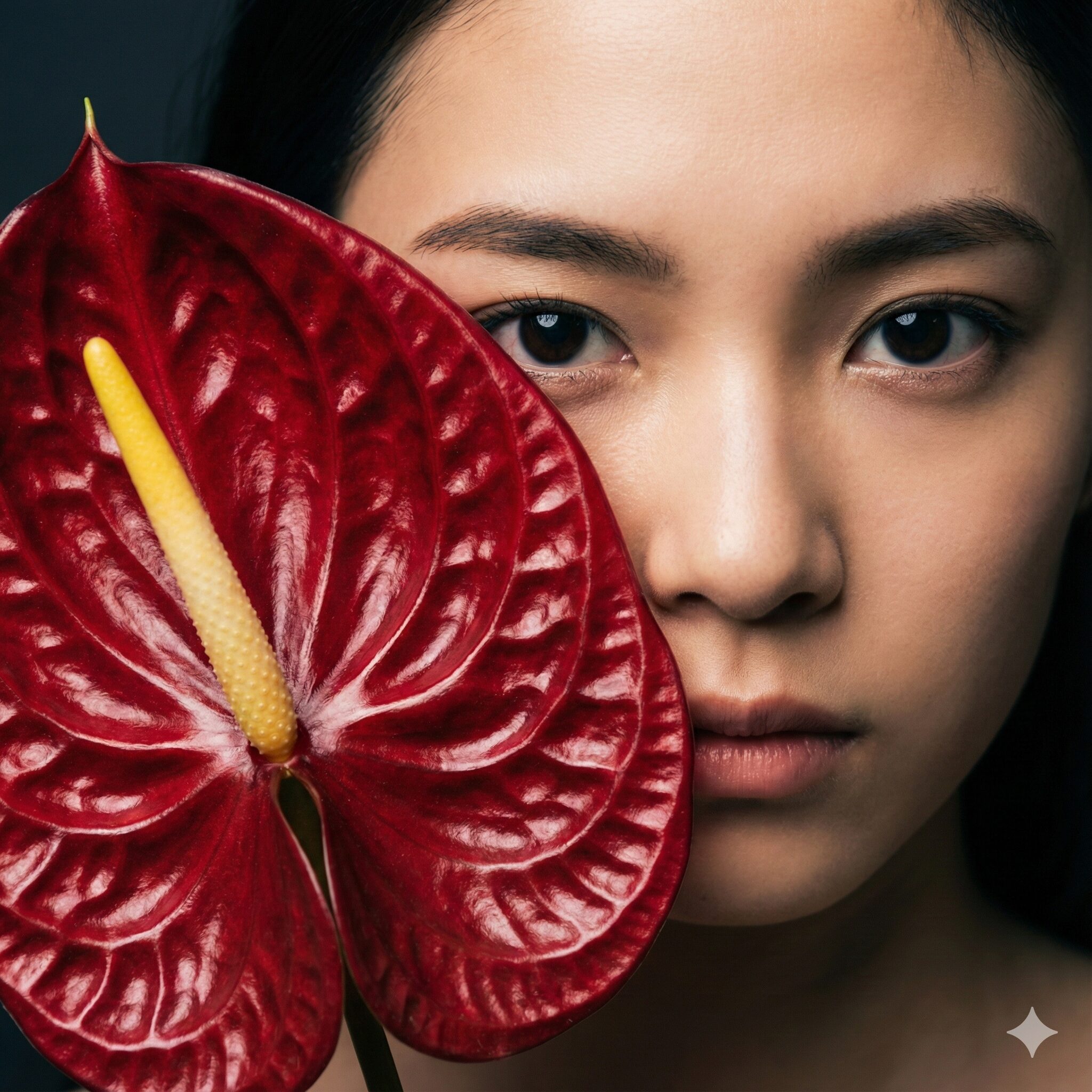 アンスリウム 花言葉 怖い2　「煩悩」や「情熱」を象徴する、真っ赤なハート型のアンスリウムの仏炎苞の接写。