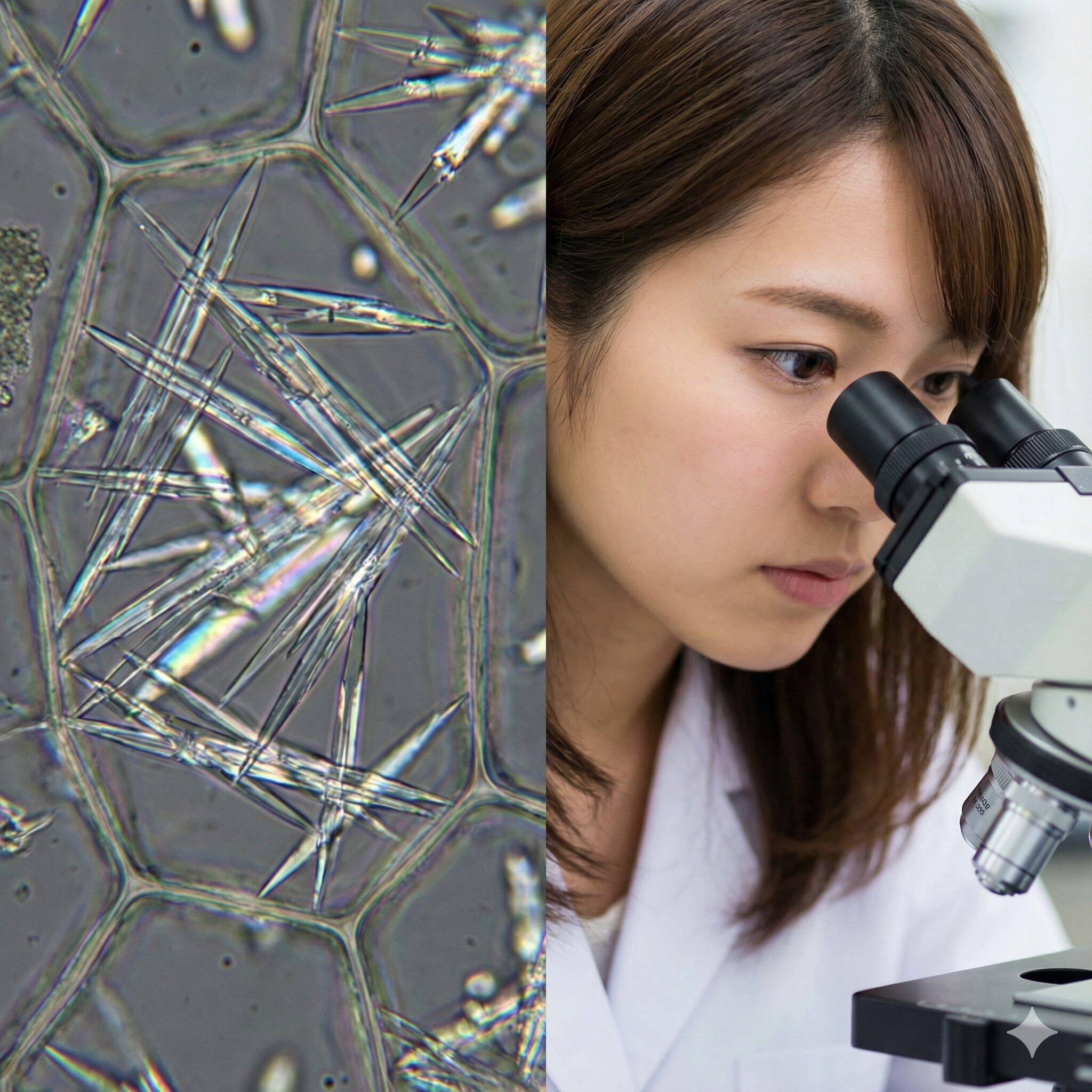 アンスリウム 花言葉 怖い3　アンスリウムの毒性の原因となる、植物細胞内の針状結晶（シュウ酸カルシウム）の顕微鏡写真イメージ。