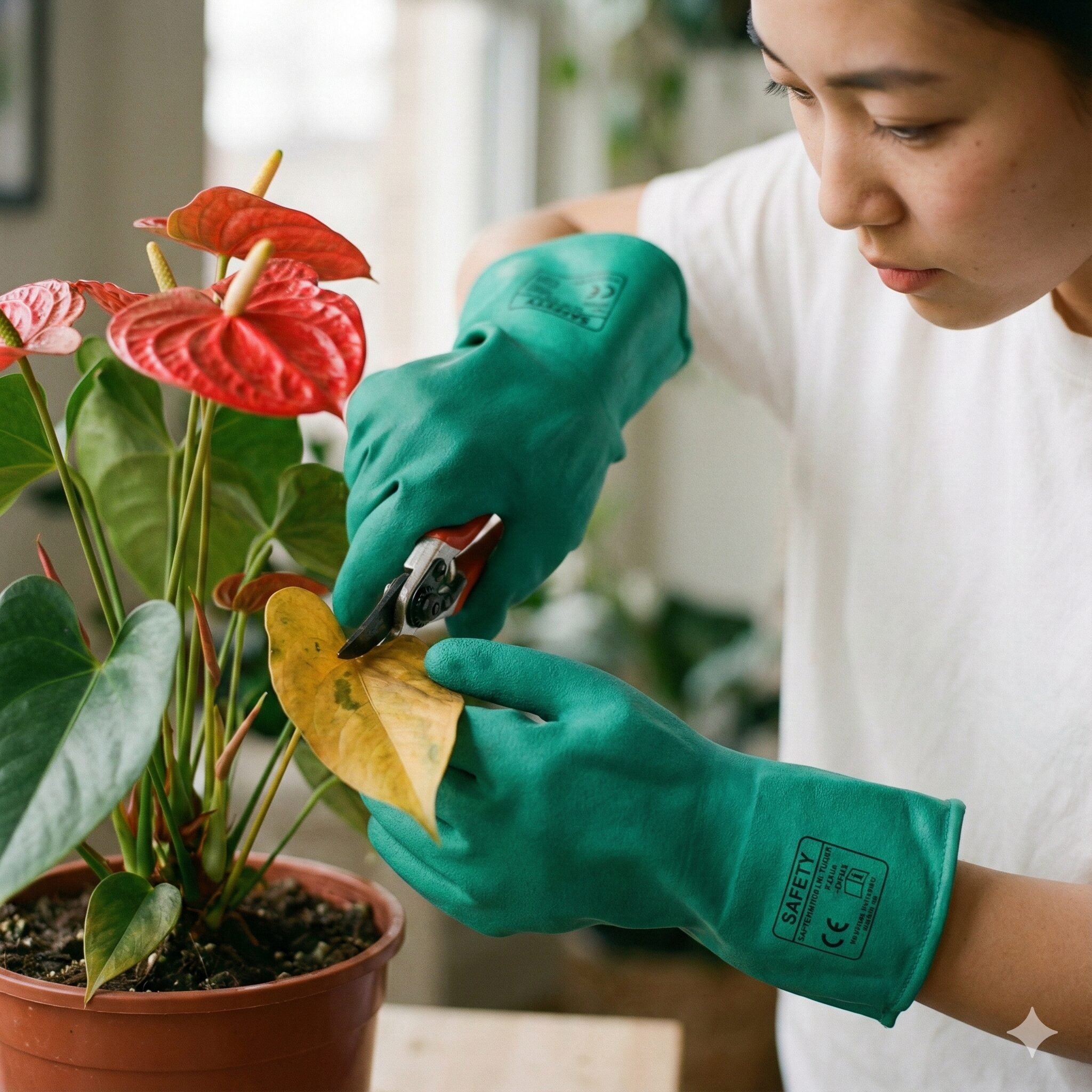 アンスリウム 花言葉 怖い4　アンスリウムの樹液に触れないよう、ゴム手袋をして剪定作業を行う手元の様子。