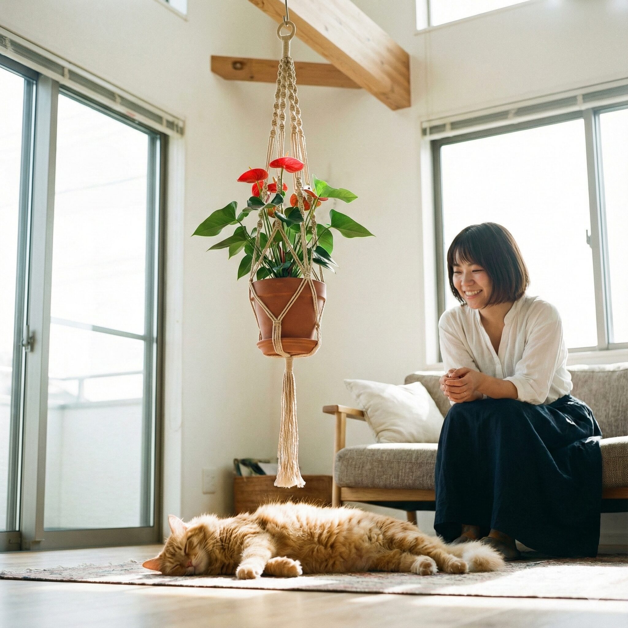 アンスリウム 花言葉 怖い5　天井からプラントハンガーで吊るされたアンスリウムと、その下でくつろぐ猫。