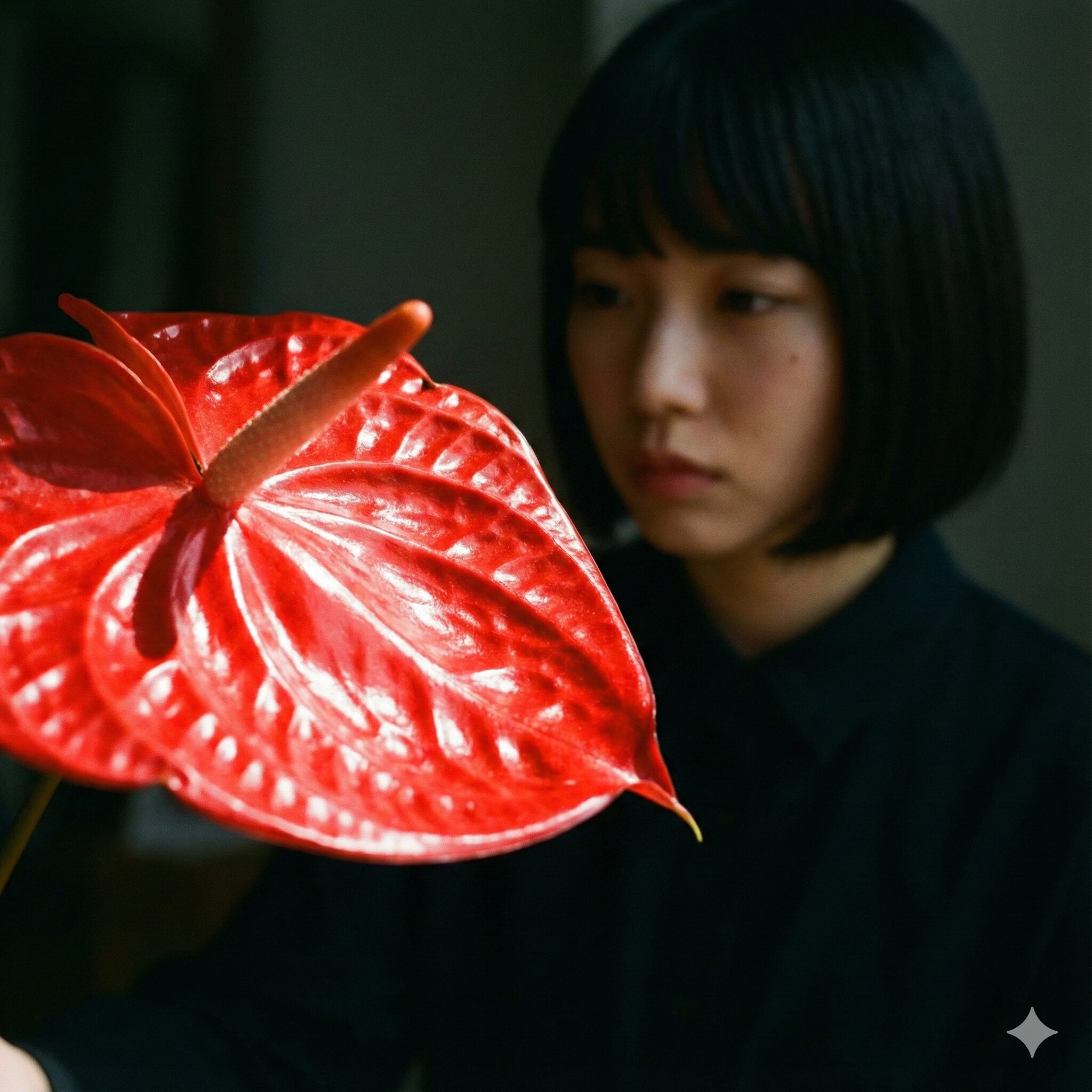 アンスリウム 花言葉 怖い6　アンスリウムの仏炎苞特有の、ワックスを塗ったような人工的で硬質な質感のクローズアップ。