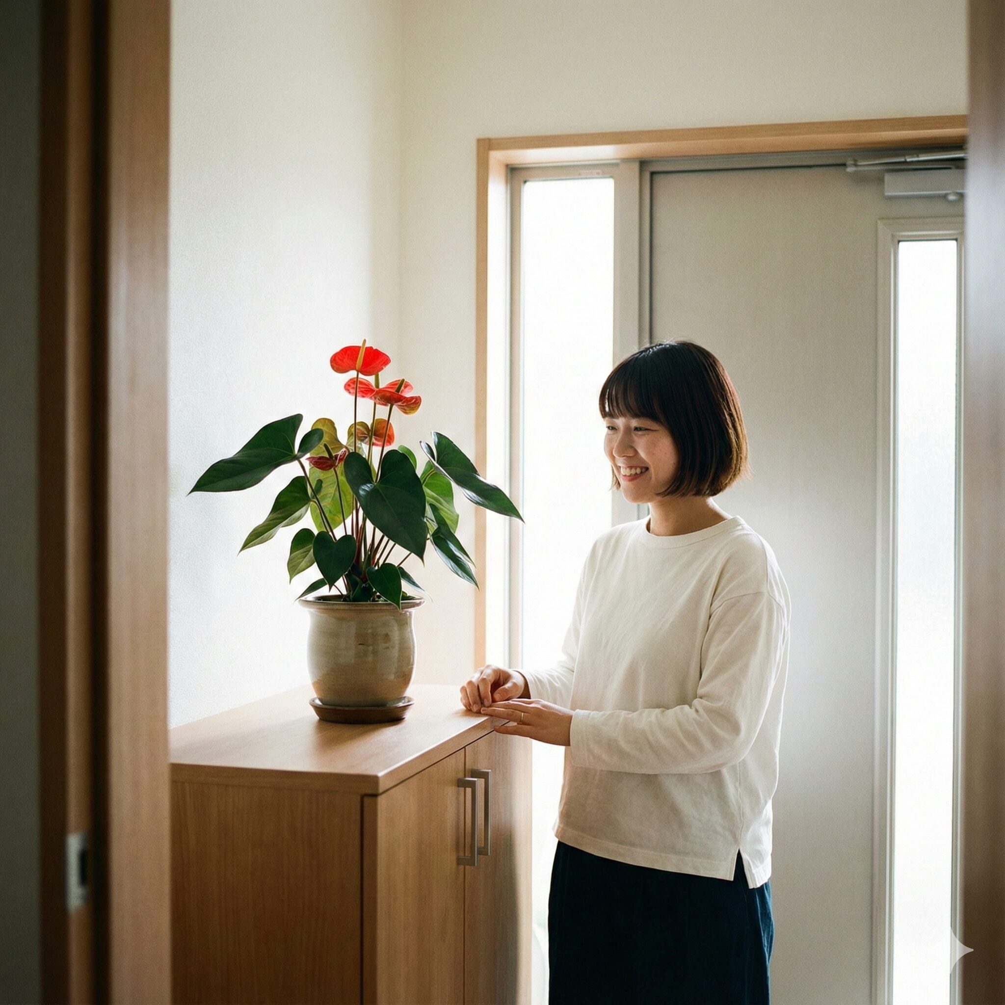 アンスリウム 花言葉 怖い8　風水の魔除けアイテムとして、玄関の靴箱の上に飾られた元気な赤いアンスリウム。