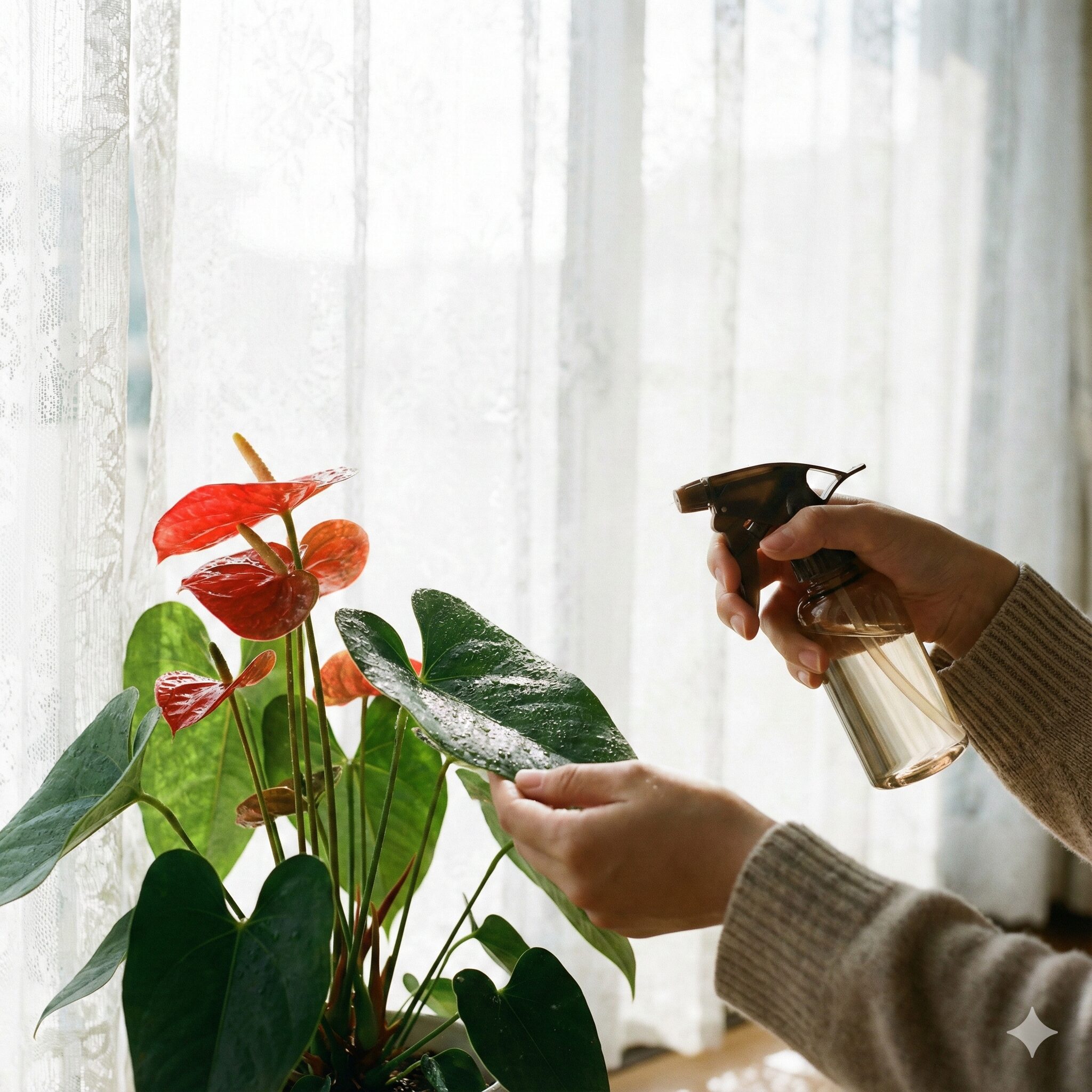 アンスリウム 花言葉 怖い9　レースのカーテン越しの柔らかな光が当たる場所で、アンスリウムに葉水を与えている様子。