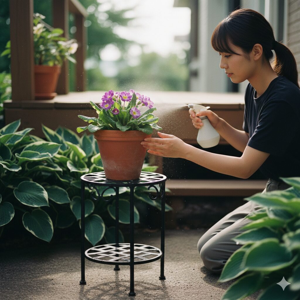 ウィンティー しおれる10　地熱を避け、風通しの良い日陰で夏越しをさせるウィンティーの配置例。