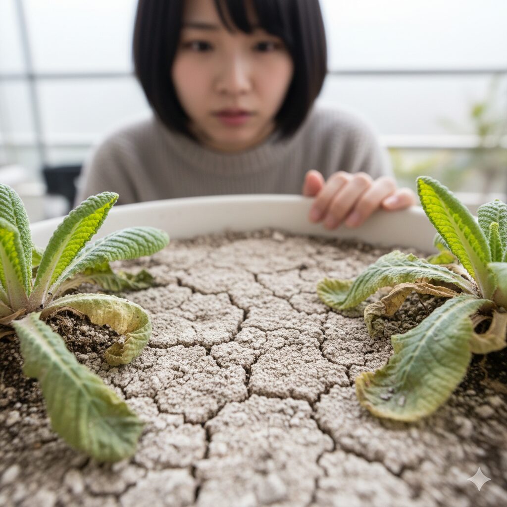 ウィンティー しおれる2　土の表面が白く乾燥し、水分不足で葉が垂れ下がったウィンティー。
