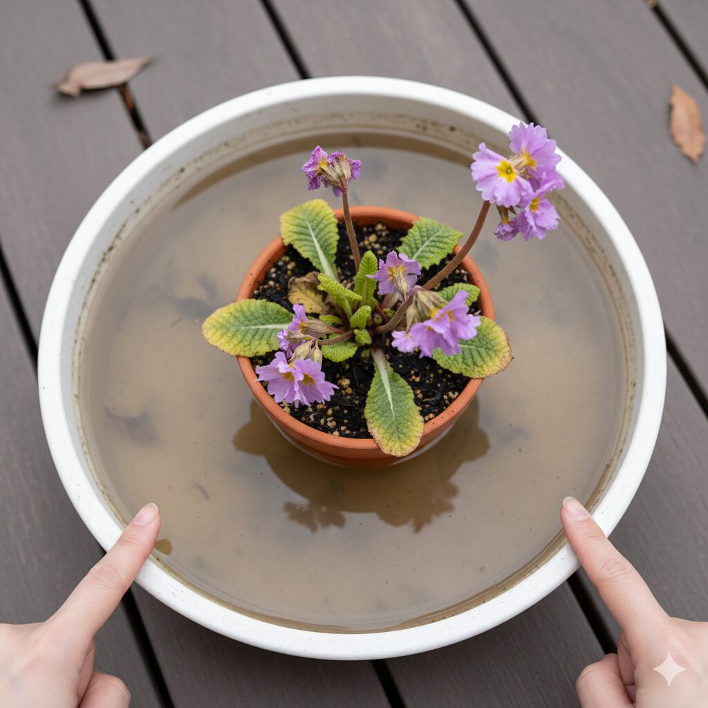 ウィンティー しおれる3　鉢皿に水が溜まり、根腐れの原因となる過湿状態のウィンティーの鉢。