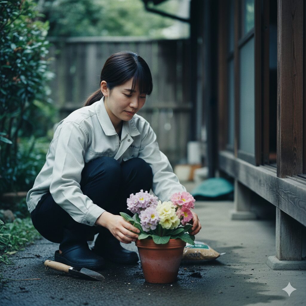 ウィンティー しおれる5　植え替え後、直射日光を避けた明るい日陰で養生中のウィンティー。