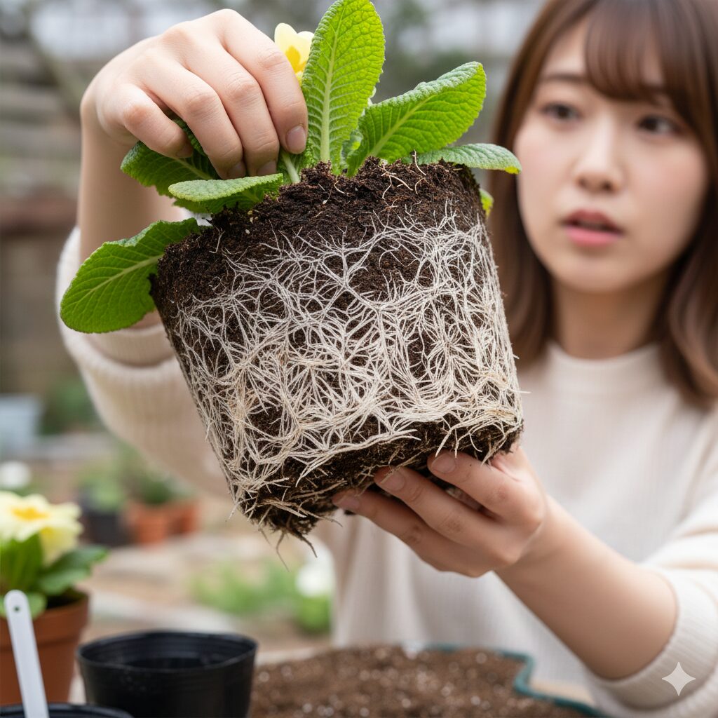 ウィンティー しおれる6　鉢の中で根がびっしりと回り、根詰まりを起こしているウィンティーの根。