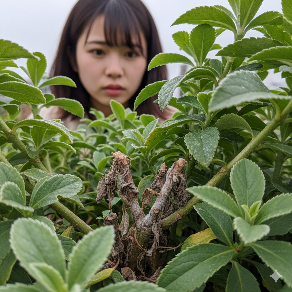 ウィンティー しおれる9　プリムラ・ウィンティーの株元に発生した灰色かび病の症状。