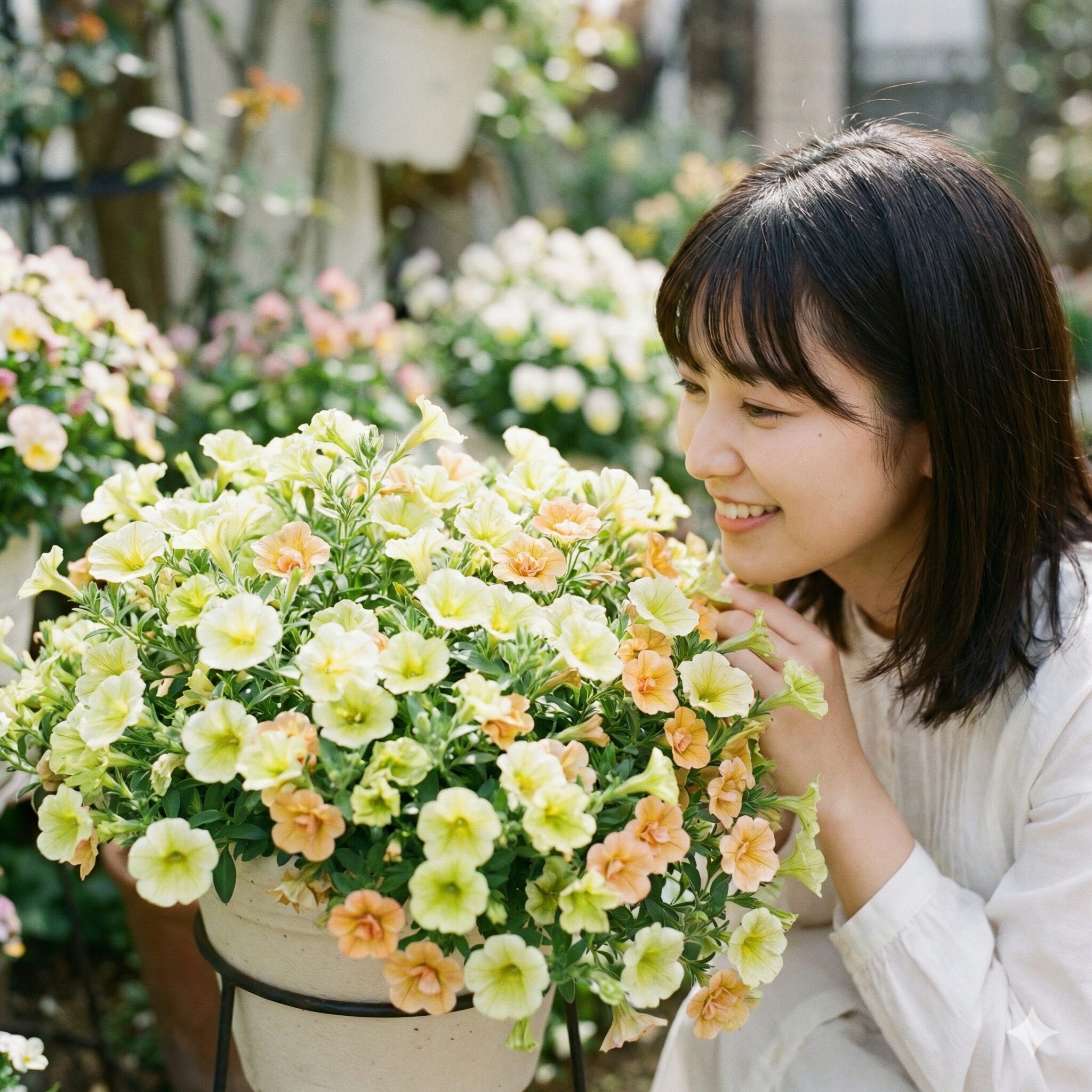 ウィンティー 夏越し1　春に満開を迎えたサントリーフラワーズ「ウィンティー」の美しい鉢植え。ライムグリーンとピーチ色の花が溢れるように咲いている。