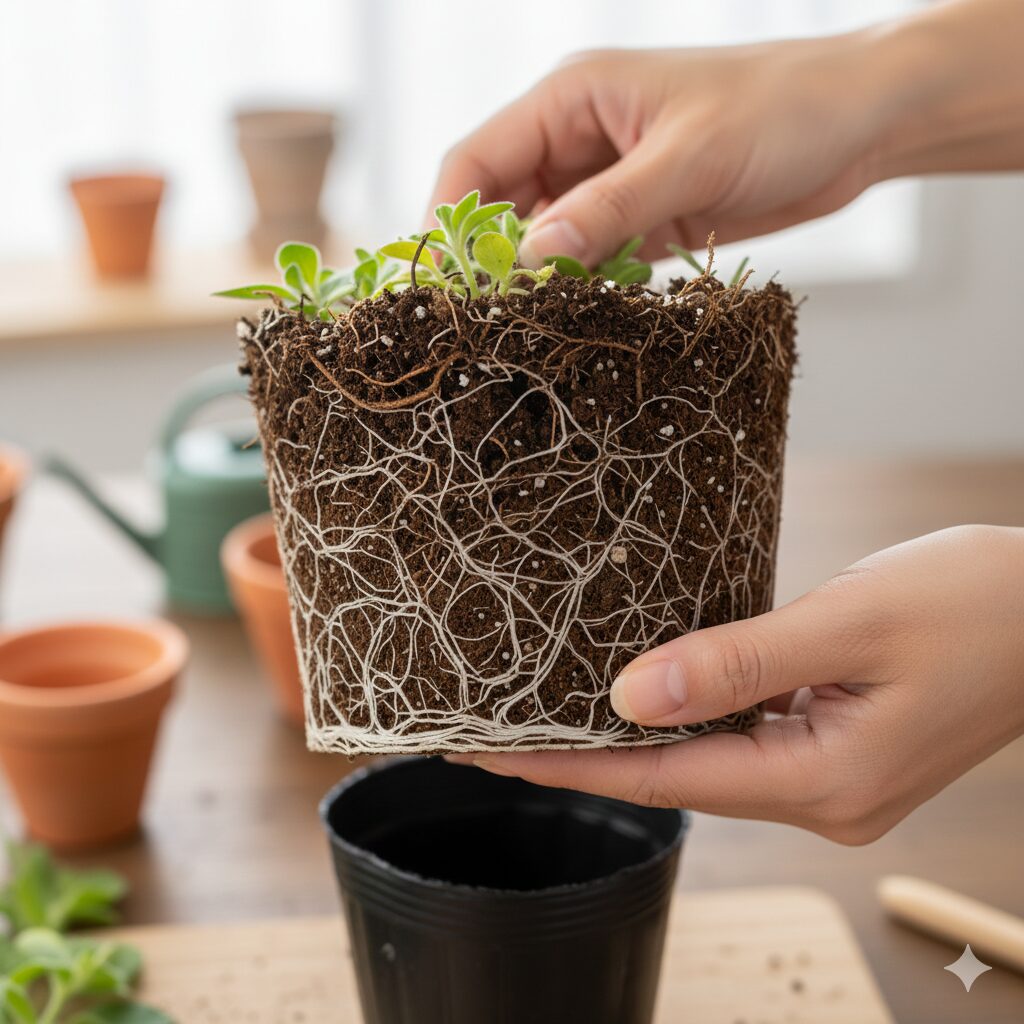 ウィンティー 夏越し10　夏越しに成功し、秋の植え替え時に確認できたウィンティーの新しい白い根の様子。