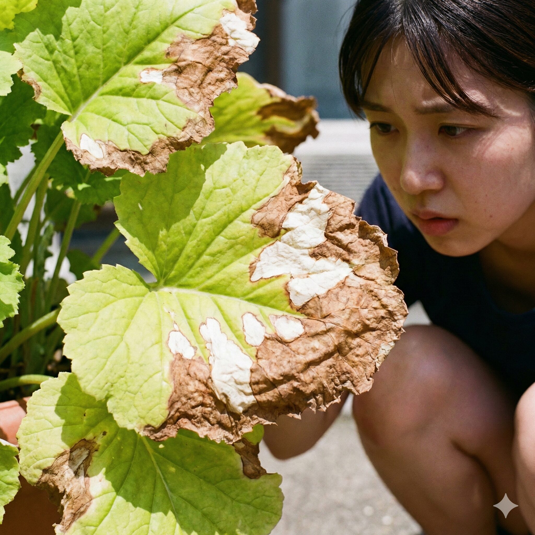 ウィンティー 夏越し3　夏の強い直射日光によって葉が茶色く変色し、葉焼けを起こしてしまったウィンティーの葉のクローズアップ。