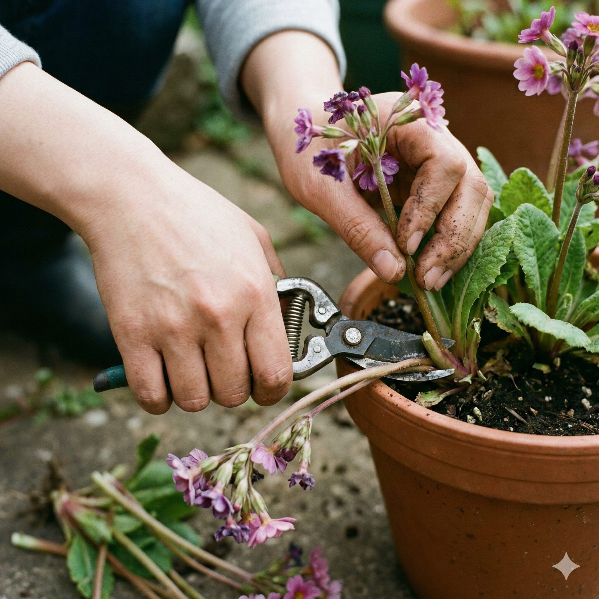 ウィンティー 夏越し4　夏越しのために、ウィンティーの花茎を株元で切り戻し剪定している作業の様子。