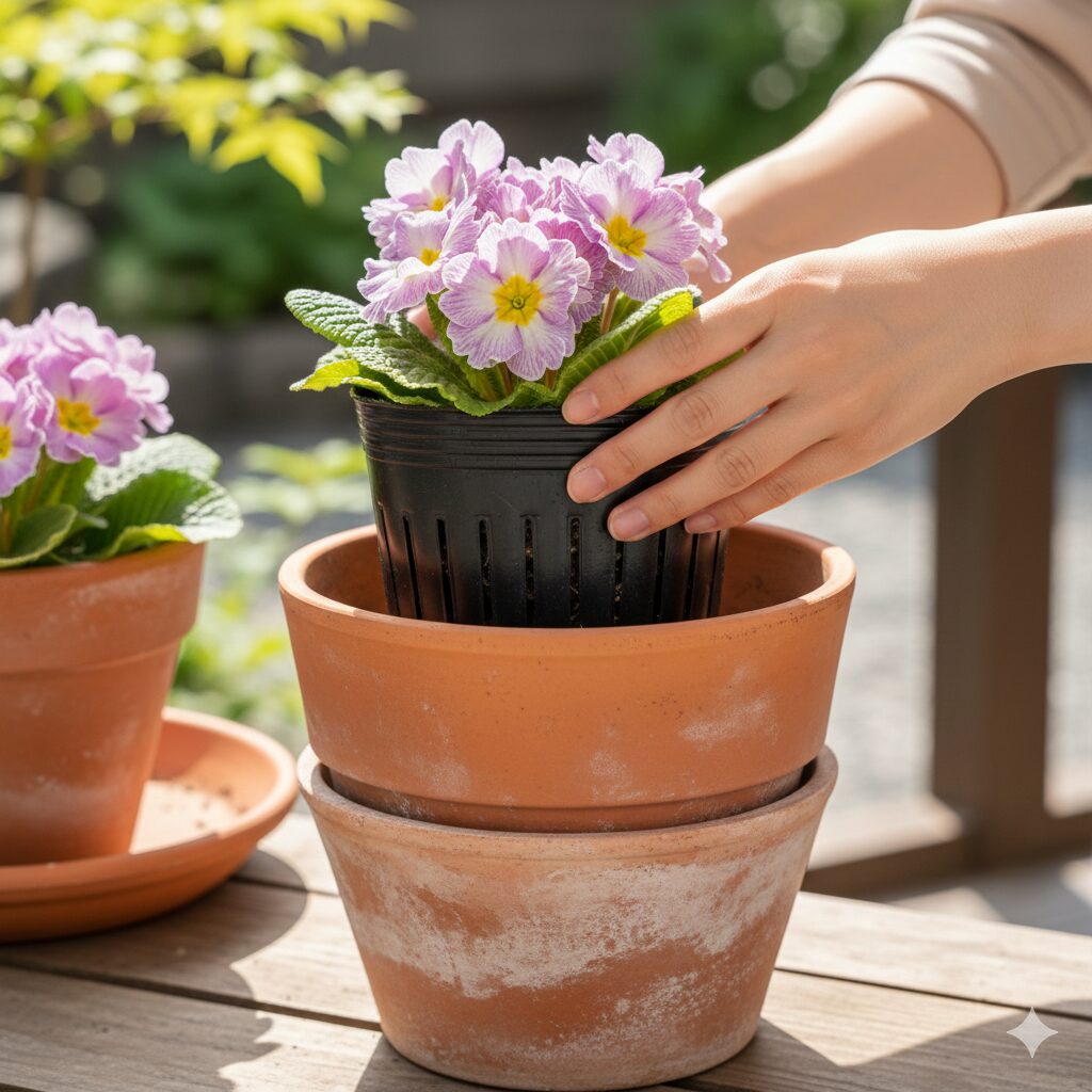 ウィンティー 夏越し7　夏の鉢内温度上昇を防ぐため、スリット鉢を素焼き鉢に入れて二重鉢にしているウィンティーの管理方法。
