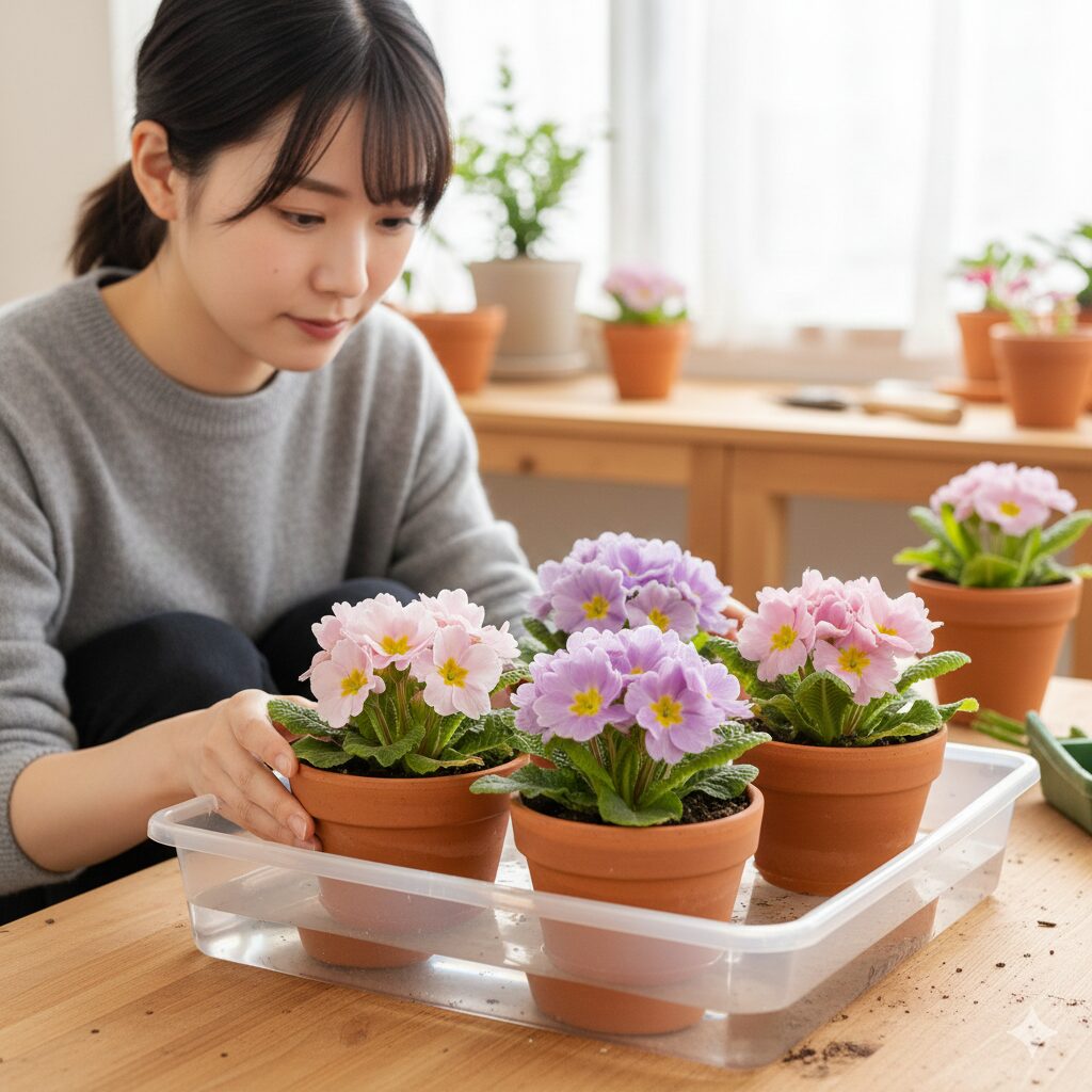 ウィンティー 夏越し8　軟腐病を予防するため、トレーに水を張り鉢底から吸水させる底面給水を行っているウィンティーの様子。