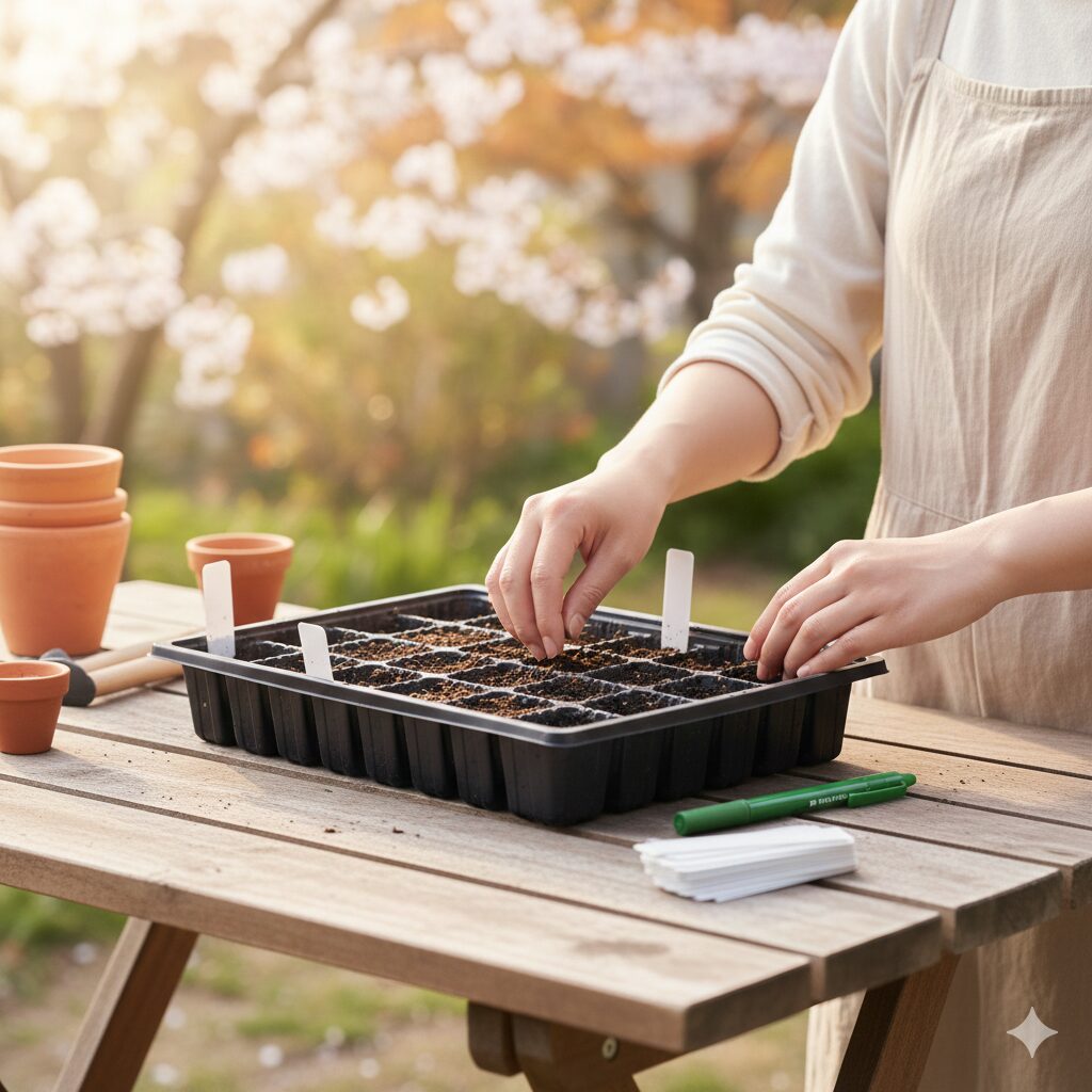 ウィンティー 種2　ウィンティーの種まき準備が整った育苗トレイとガーデニングツール。種まきに適した季節の穏やかな屋外の様子。
